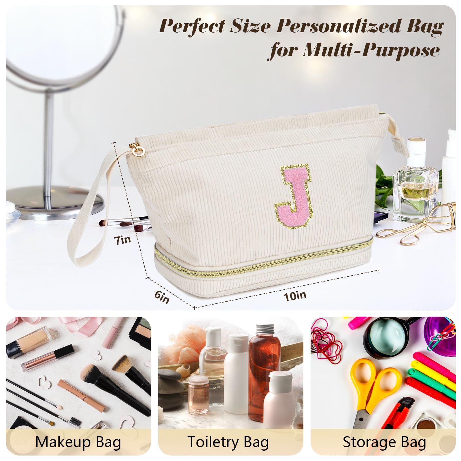 Gifts for Women Girls, Initial Makeup Bag, Travel Make up Bag Double Layer Cosmetic Bag Preppy Stuff Bag for Her Mom Girlfriend Wife Teacher 12 13 14 15 16 Years Old Teen Girl Gifts Trendy - C