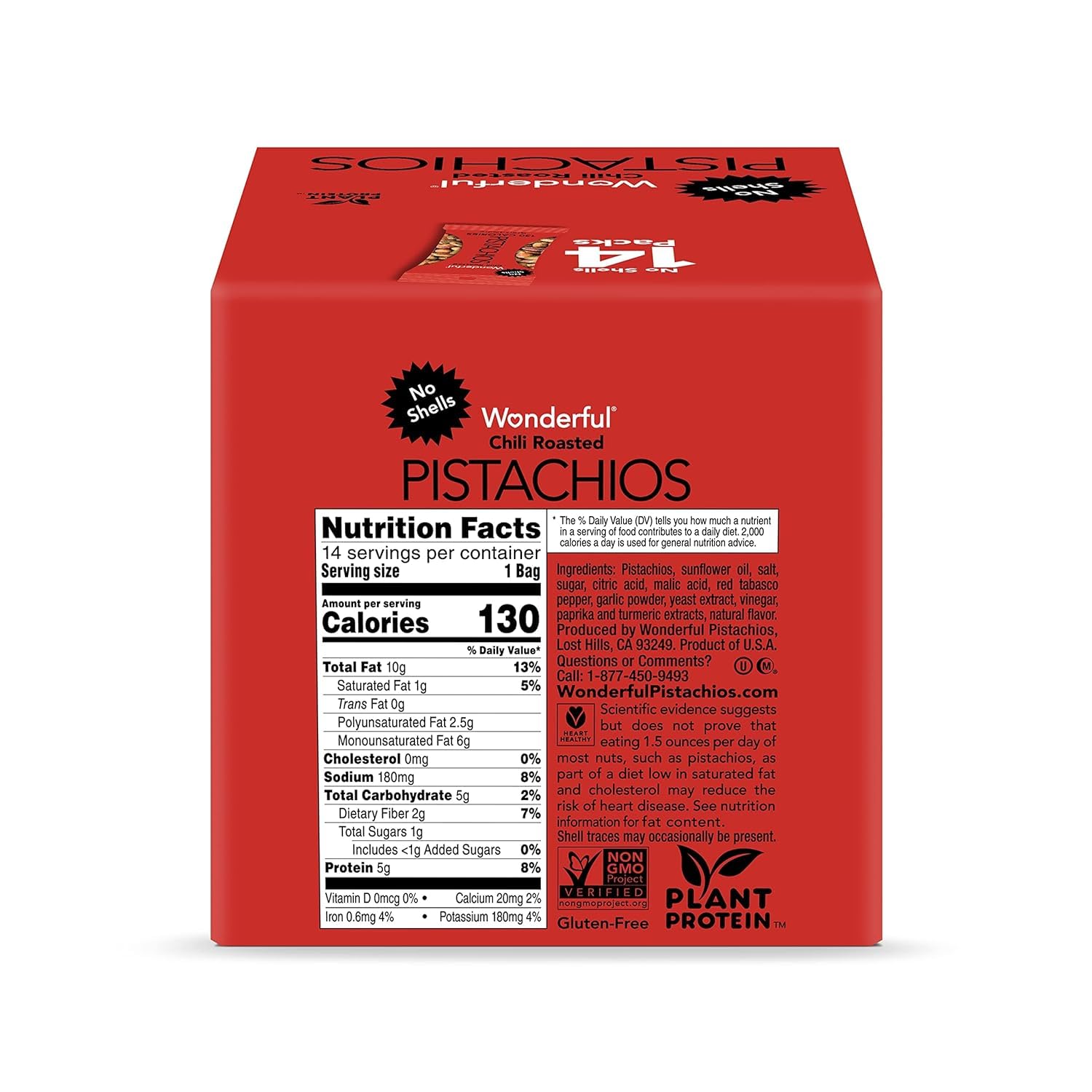 Wonderful Pistachios No Shells, Chili Roasted Nuts, 0.75 Ounce Bag (Pack of 14), Protein Snacks, Gluten Free, On-the-Go, Individually Wrapped Healthy Snack