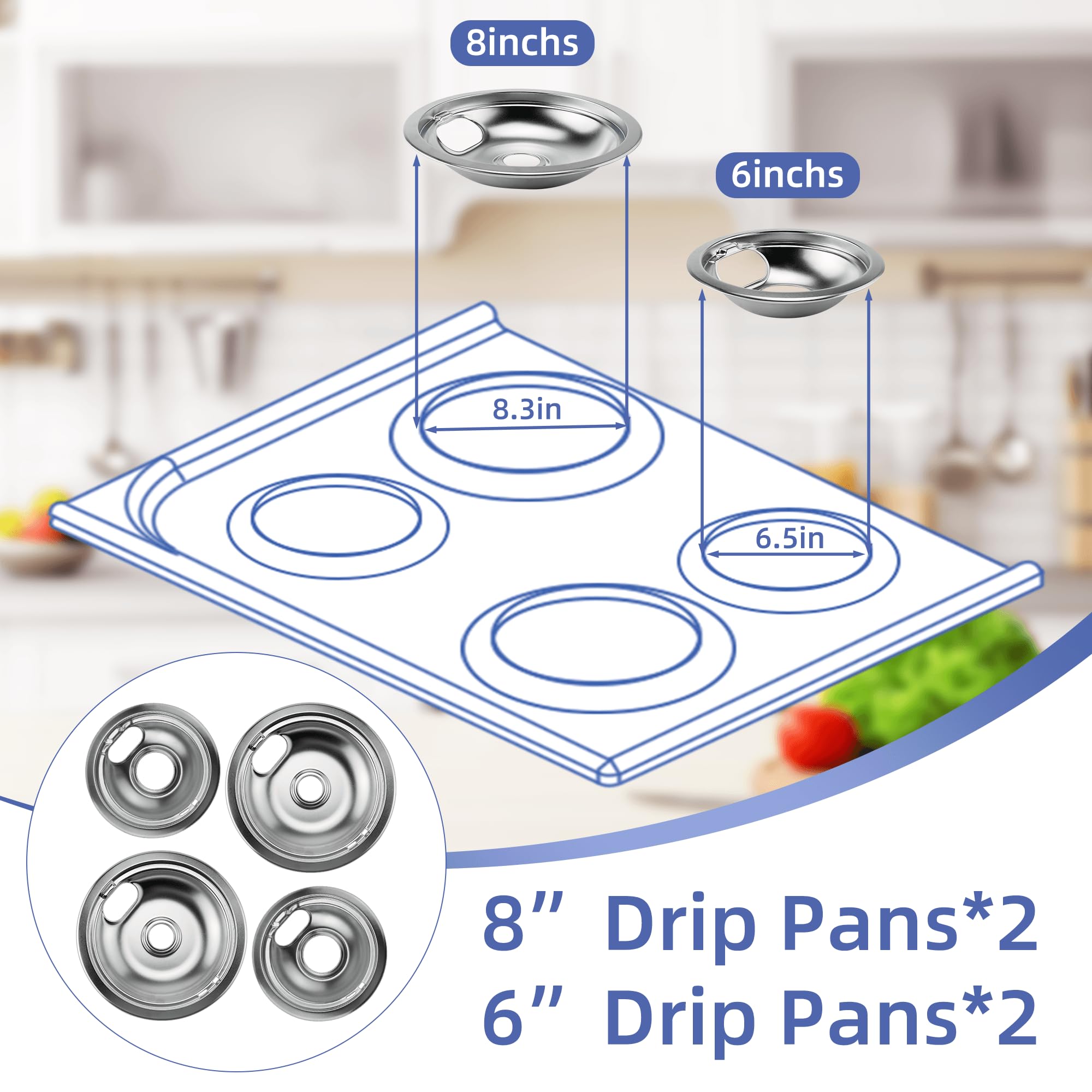 W10196406 and W10196405 Chrome Stove Burner Drip Pan Set for Whirlpool Amana Maytag Magic-Chef Kenmore Electric Range with Locking Slot, Includes 2 6-Inch and 2 8-Inch Drip Bowls