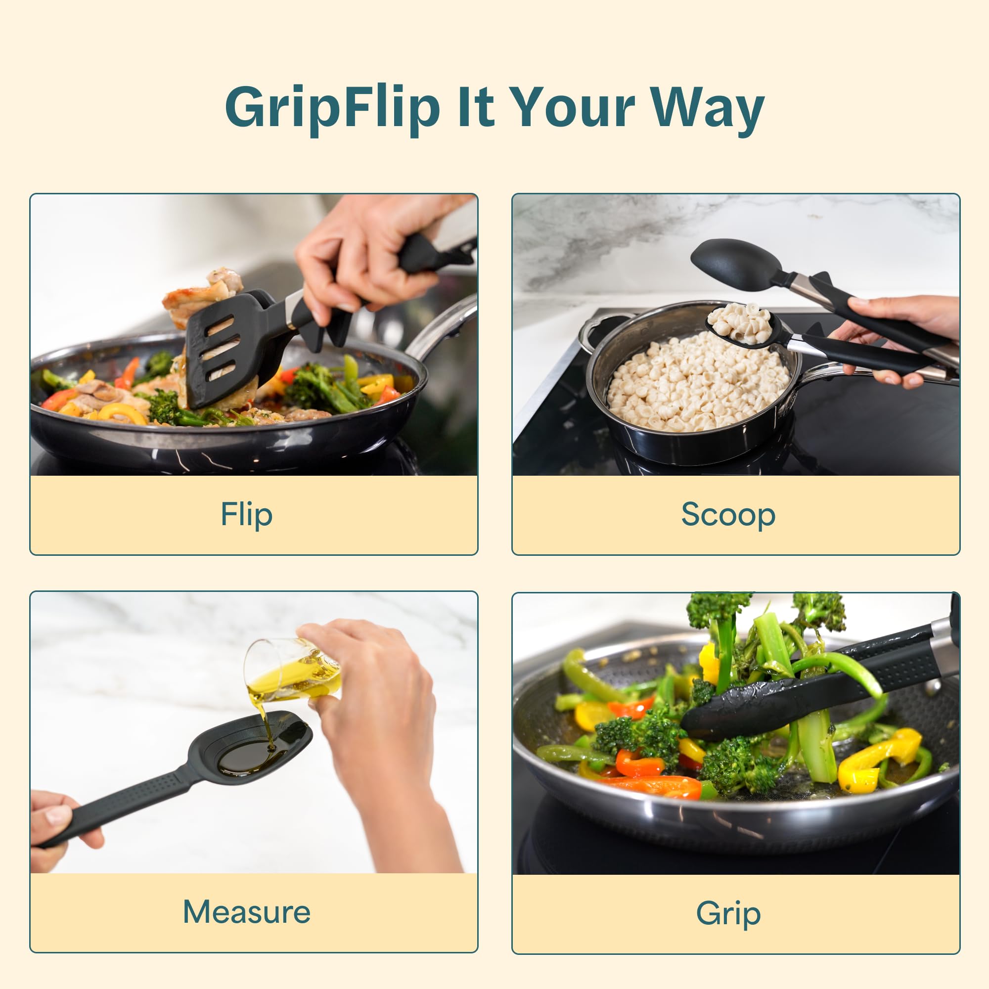 GripFlip: 3-in-1 Kitchen Utensils Set | Spatula, Tongs & Spoontula | 7 Pcs | Non-stick, Heat-resistant, BPA-free Silicone Cooking Utensils Set with Extendable & Interchangeable Inserts