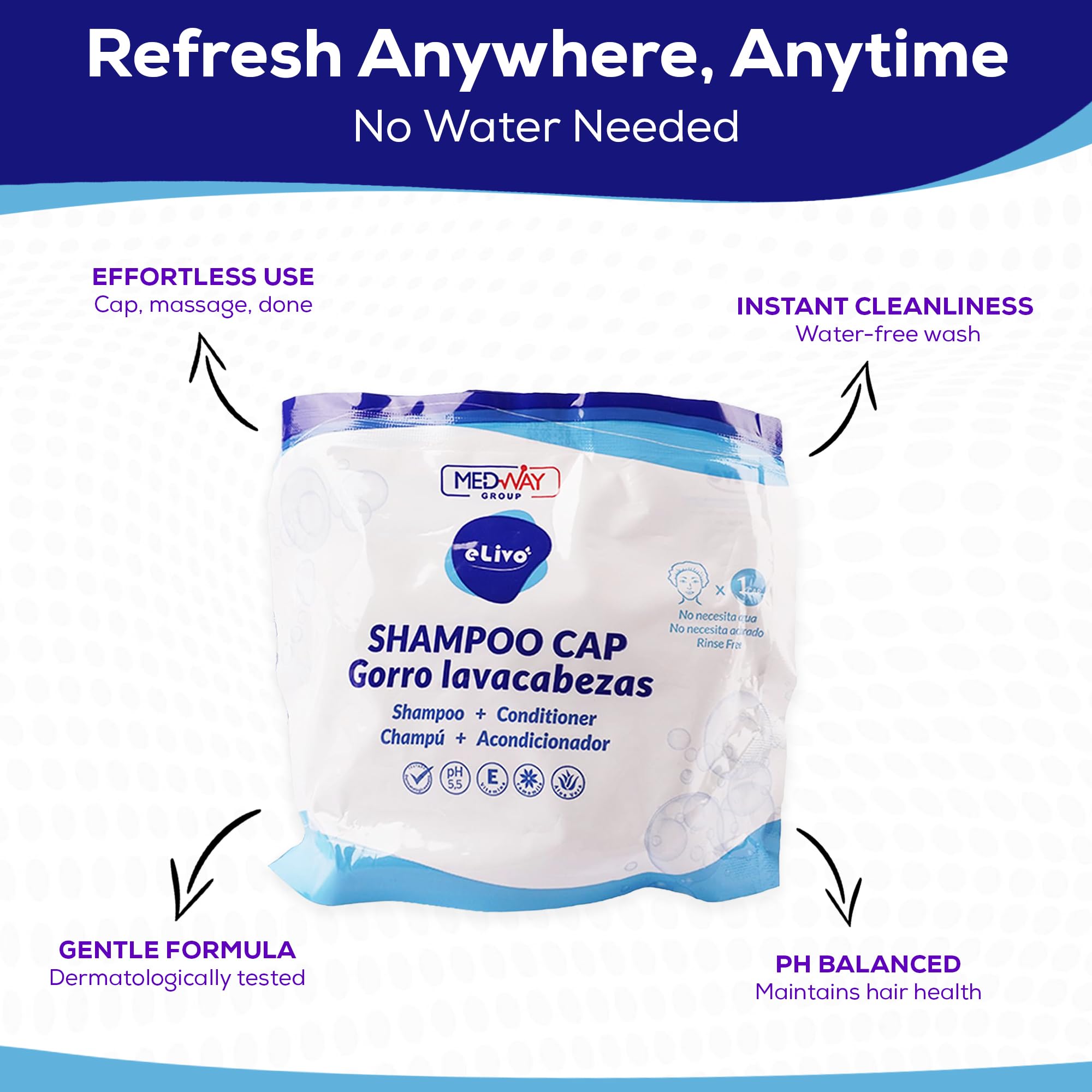 MedVance No Rinse Shampoo Cap | Rinse Free Shower Cap that Shampoos & Conditions | PH Balanced & Hypoallergenic Waterless Hair Wash | 3 Pack