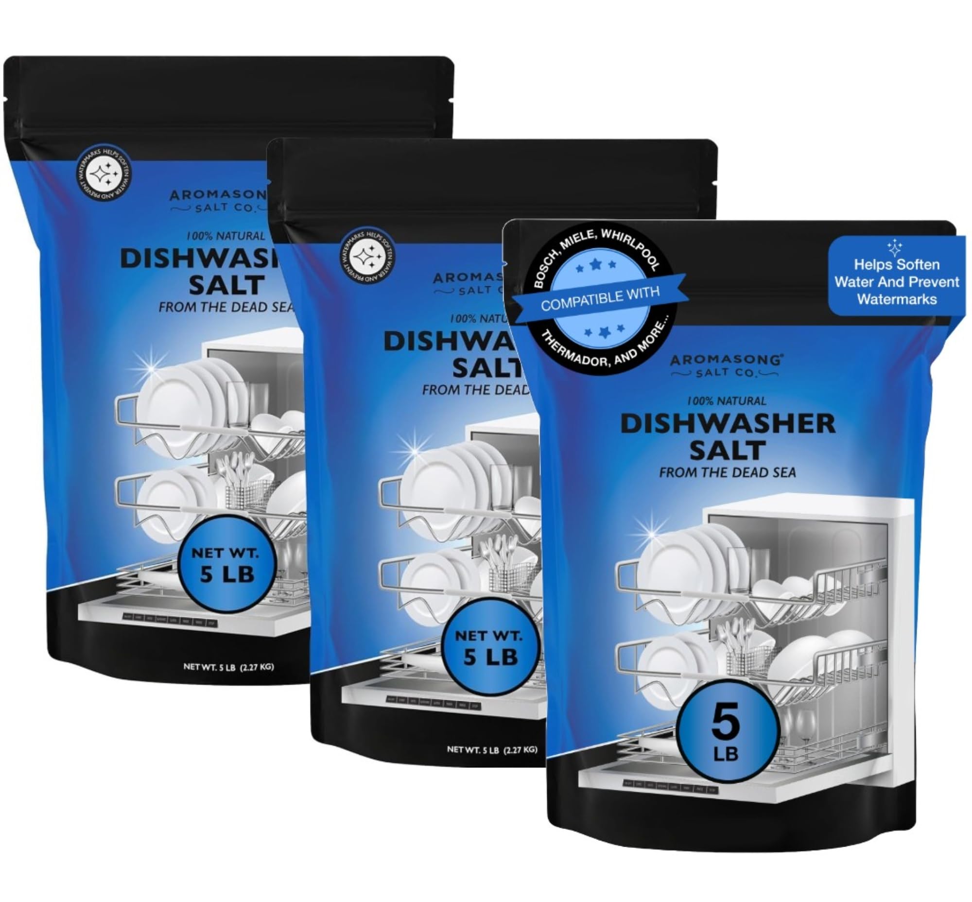 Aromasong Dishwasher Salt 15 LB - 100% Natural Water Softening Agent Compatible with Bosch, Miele, Whirlpool, Thermador, and More... for Cleaner Dishes & Washer Reactivation. (packaging may vary)