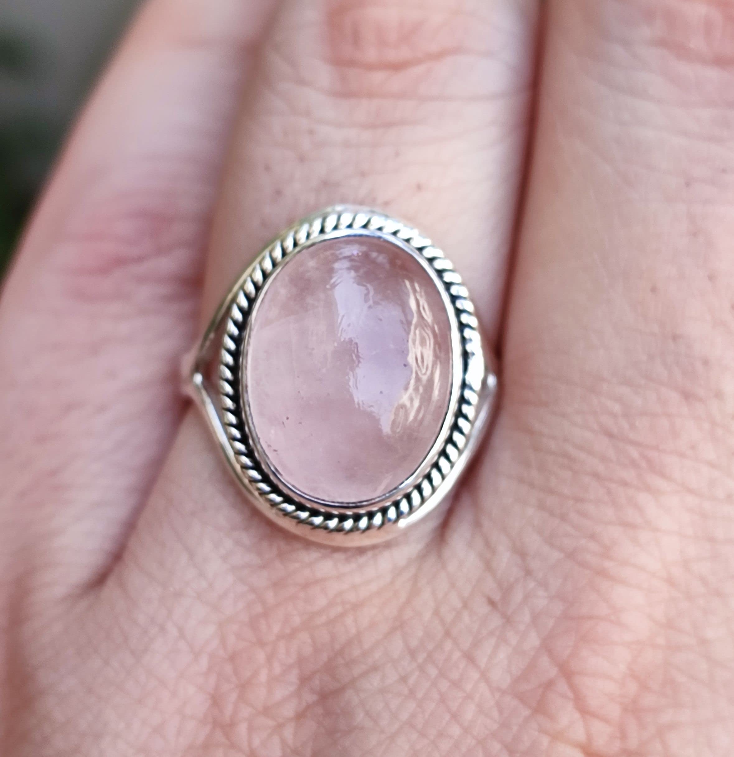 Navya Craft Rose Quartz Ring, 925 Sterling Silver Handmade Statement Promise Rings for Women, Natural Pink Oval Gemstone Boho Jewelry, January Birthstone, Gift for Her Birthday Anniversary (7.5)