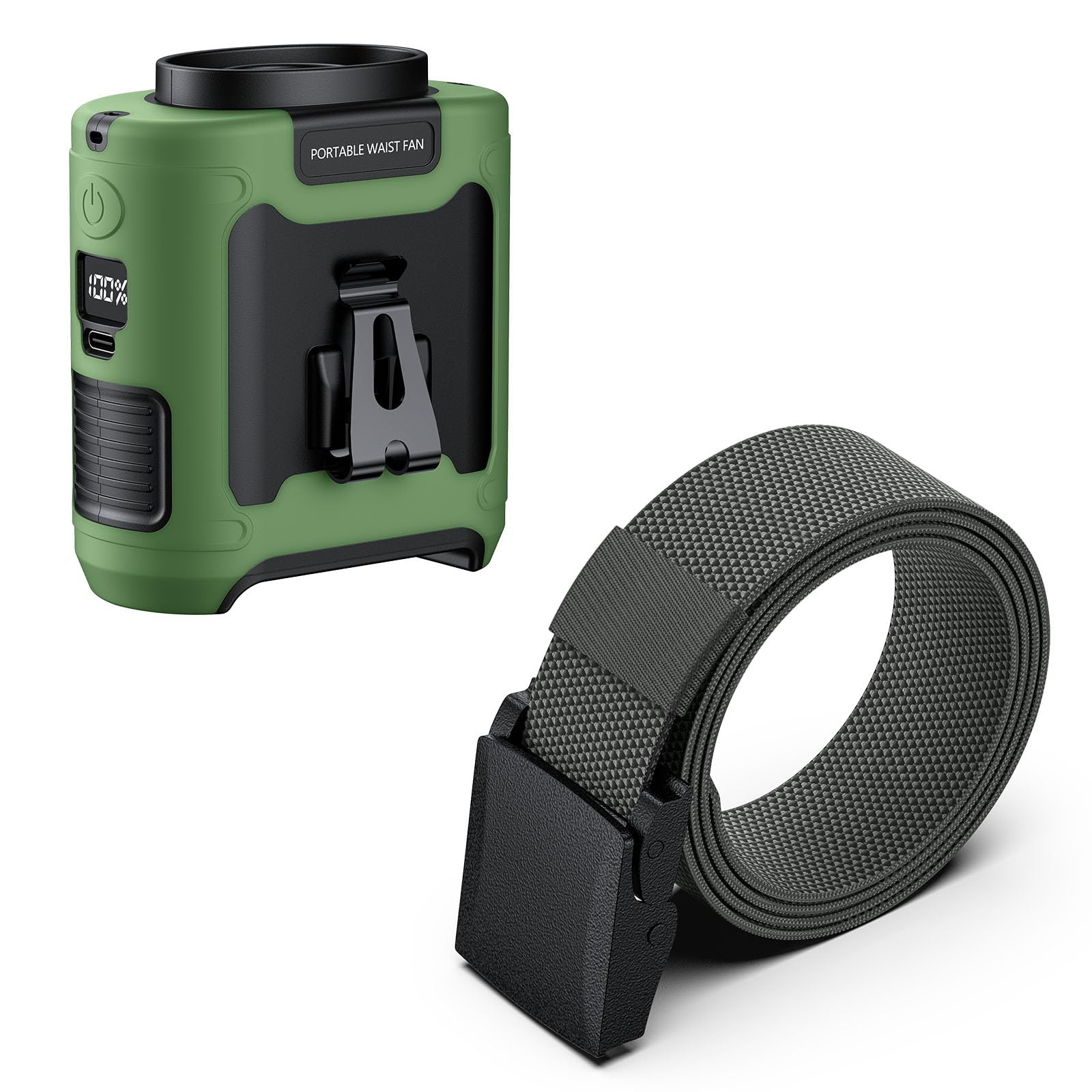 morsisho 1 Pack Green Portable Waist Fan and 1 Pack Grey Tactical Nylon Belt