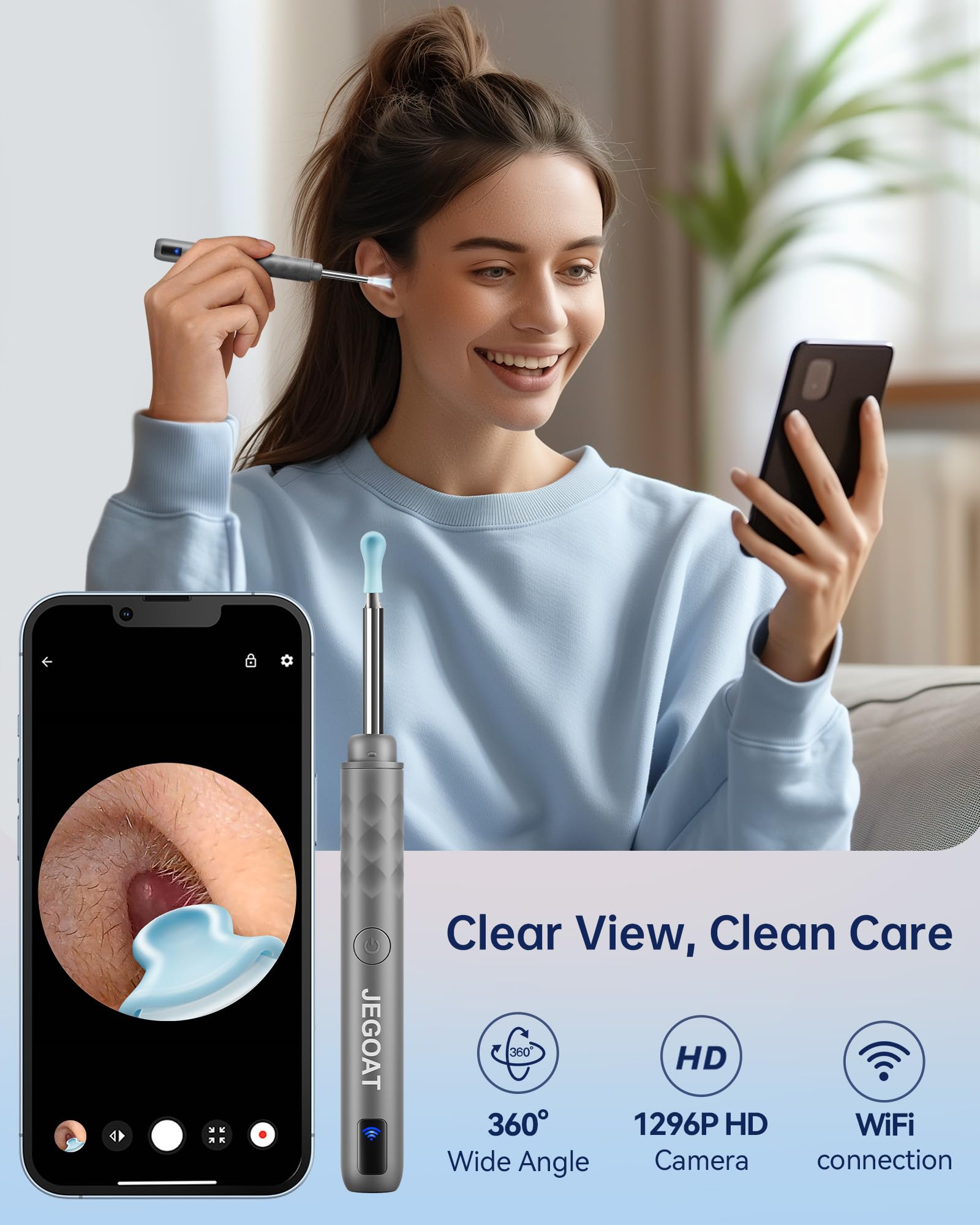 Ear Wax Removal Tool Camera, Ear Cleaner with Camera, Ear Cleaning Kit 1296P HD Ear Scope, 6 LED Lights and 12 Ear Picks, Earwax Removal with Otoscope to Earify Earwax for iOS and Android