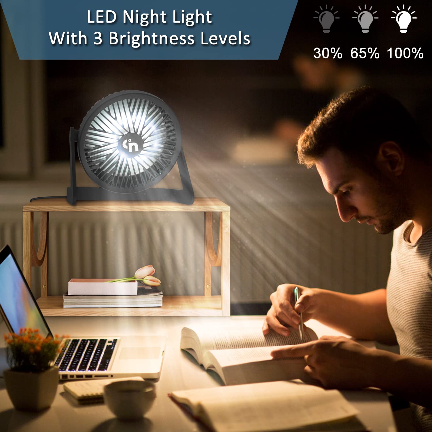GagetElec USB Desk Fan with LED Night Lights,3 Speed Small Desktop Fan Cooling Table Fan, 360 degreeRotation Strong Wind, Quiet Mini Personal USB Fan for Home Office Desktop '6.1x6x0.26in (T5-04)