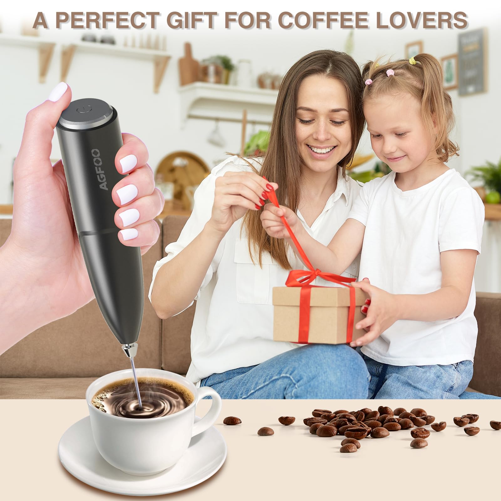 Milk Frother Handheld for Coffee with Stand - AGFOO hand frother wand, Electric whisk Drink Mixer Mini Foamer for Cappuccino, Frappe, Matcha, Hot Chocolate, Silver/Black