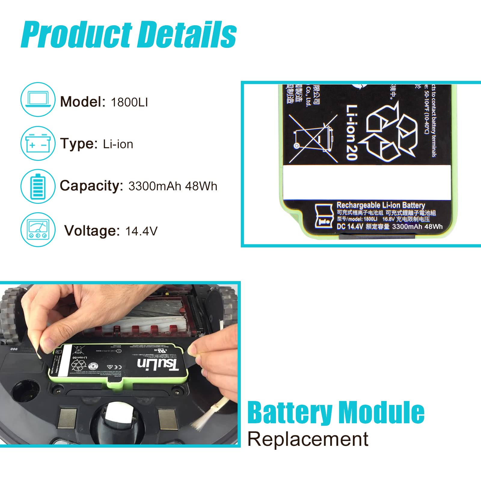 TsuLin for iRobot Replacement Parts Roomba 1800LI Lithium Ion Battery Compatible with Roomba 960 895 890 860 695 680 690 675 640 614 Series 4376392 14.4V 48Wh 3300mAh