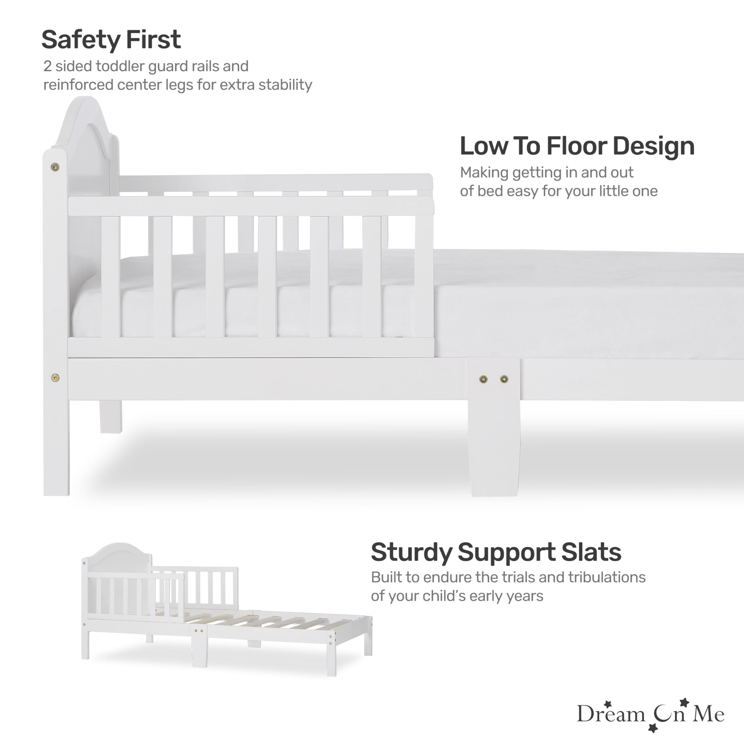 Dream On Me Sydney Toddler Bed in White, Greenguard Gold Certified, JPMA Certified, Low To Floor Design, Non-Toxic Finish, Safety Rails, Made Of Pinewood