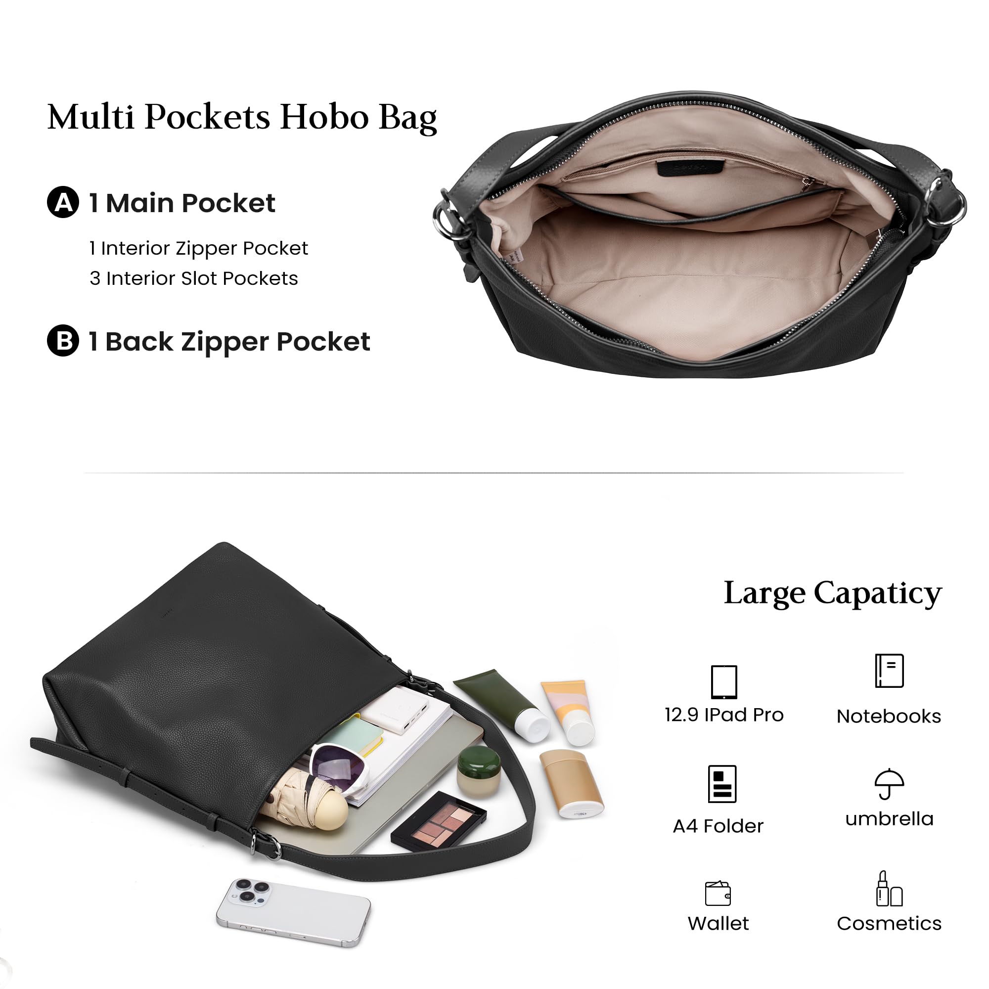 befen Black Genuine Leather Hobo Bags Purse for Women, Womens Crossbody Bag Leather Purses Shoulder Handbags with Adjustable Shoulder Strap
