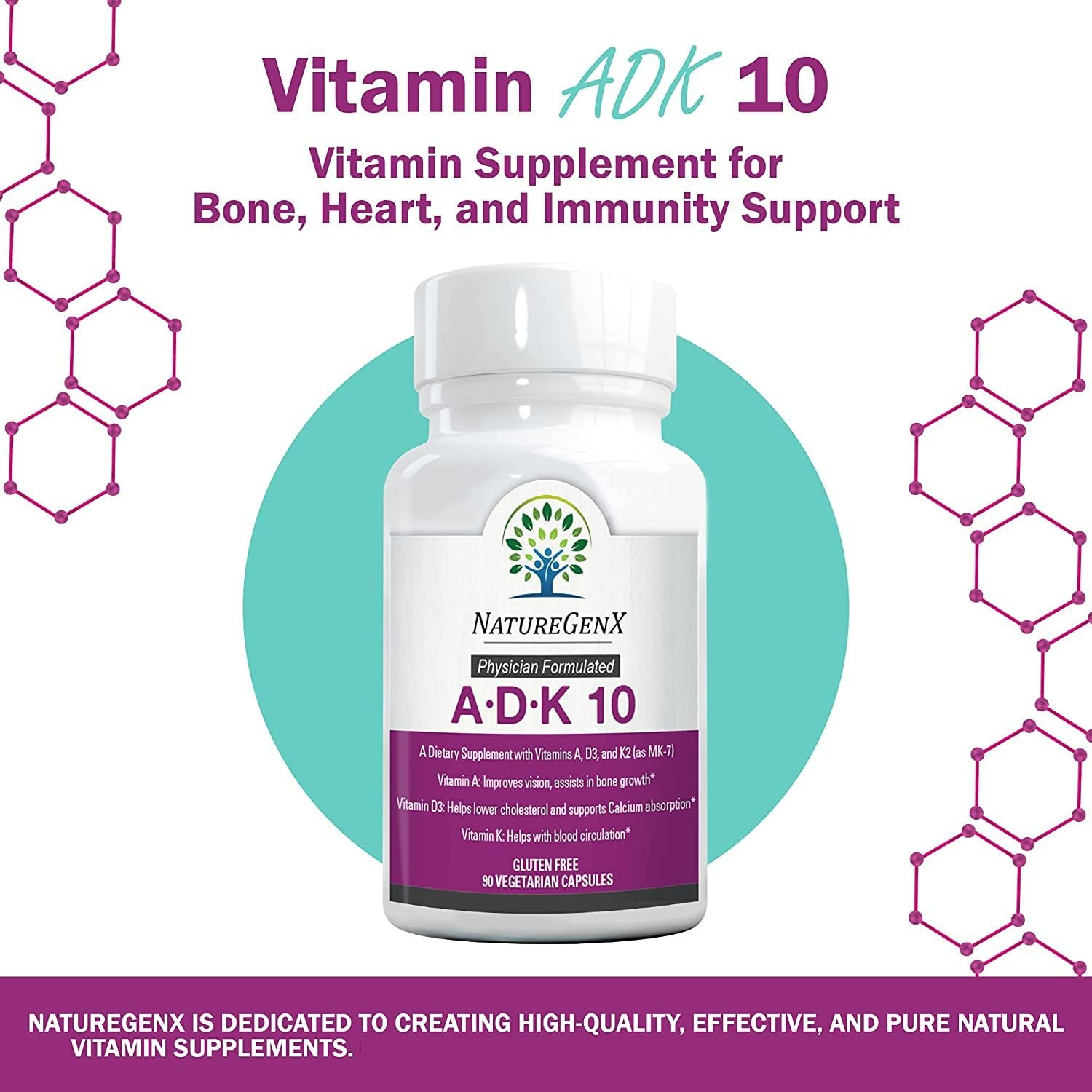 NatureGenX ADK 10 Supplement - Potent A, K2 & D3 Vitamin Supplement 10000 IU for Bone, Heart & Immune Support - 90 Count Easy-to-Swallow Vitamin ADK Supplement Capsules (3 Month Supply)