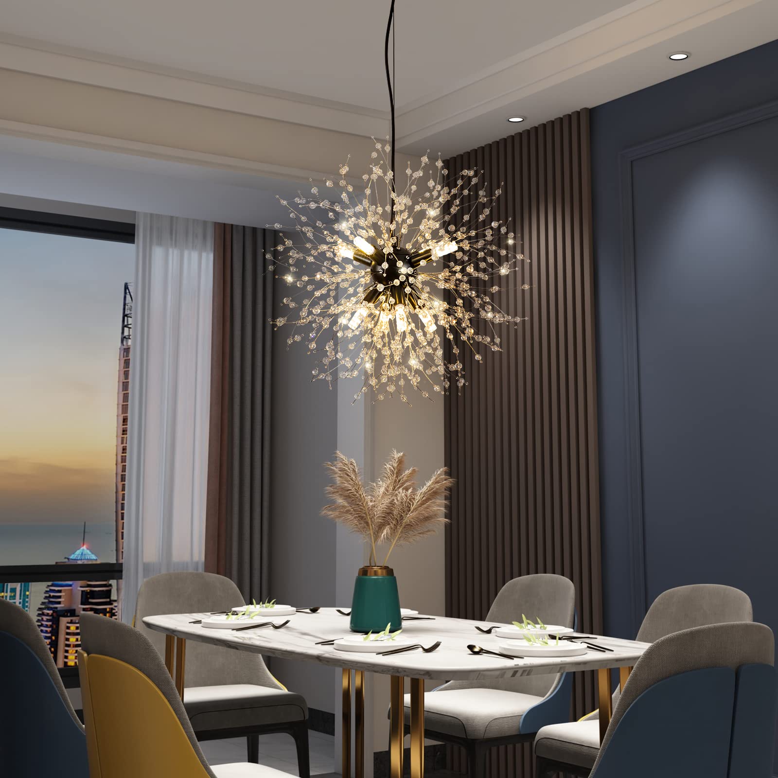 CM MZY Modern Crystal Chandeliers Firework, Matt Black Dandelion Sputnik Ceiling Light Fixtures, Sputnik Chandelier Pendant Light for Bedroom Living Room Dining Room Kitchen Island Hallway