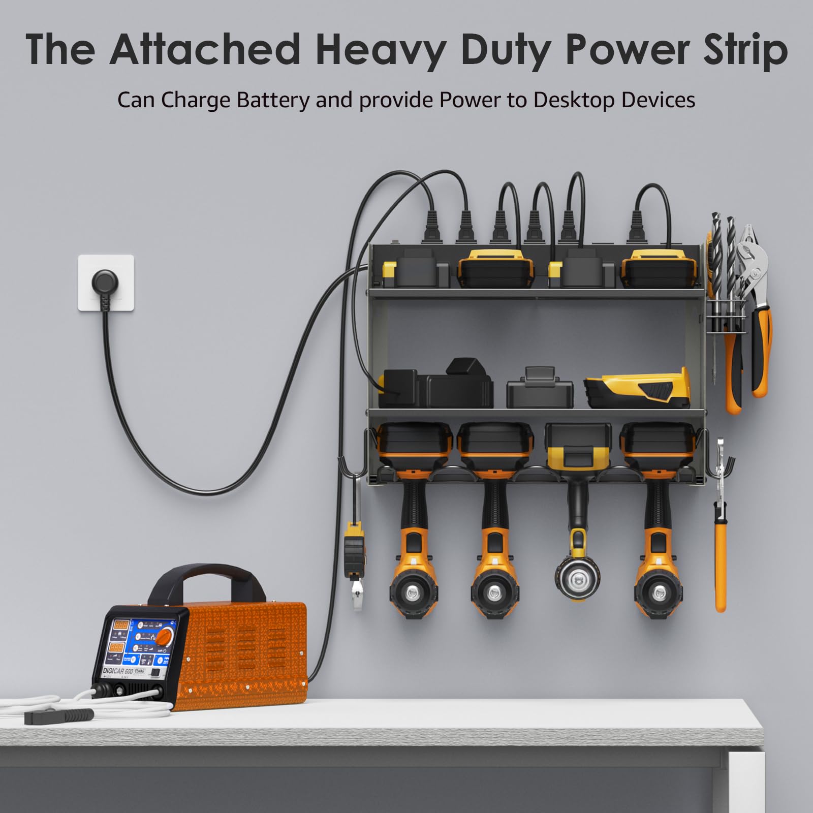 CCCEI Set Power Tool Organizer Wall Mount with Charging Station. Garage 4 Drill Storage Shelf with Hooks, Heavy Duty Metal Tool Battery Charger Organizer. Shop Utility Rack with Power Strip Grey.