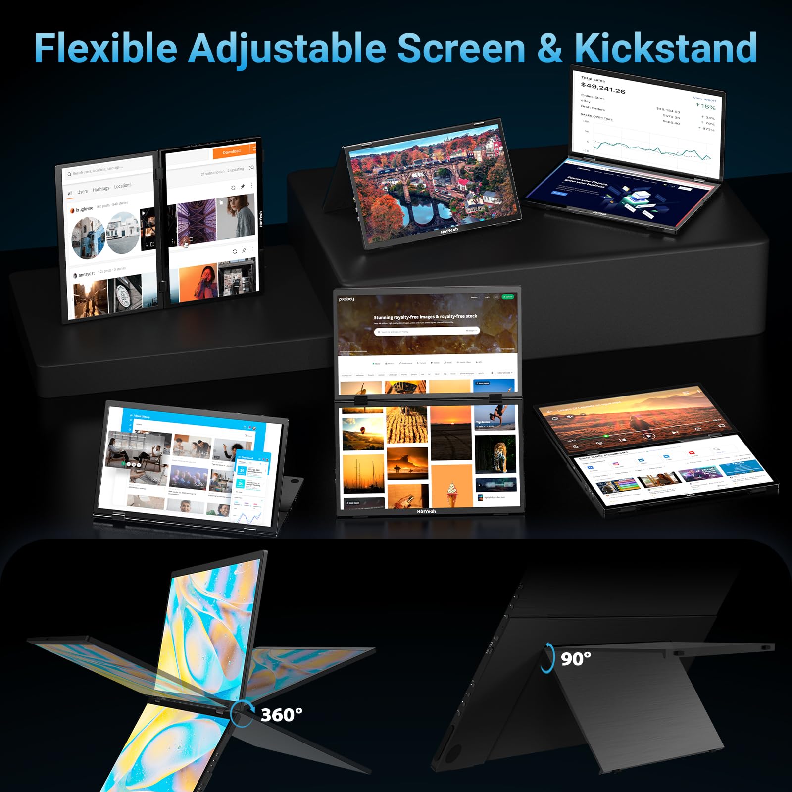HotYeah Triple Laptop Screen Extender, 15.6'' Dual Stacked Monitor (Windows/MAC), USB-C HDMI 1080P IPS Extended Monitor, Plug & Play, Folding Monitor Extender w/Kickstand & 180°Rotation