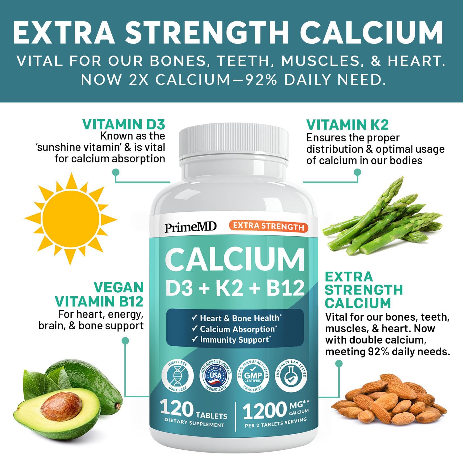 4-in-1 Calcium 1200 mg With Vitamin D3 Supplements for Women and Men - Calcium Extra Strength with Vitamin D3 K2 5000 IU Supplement,1200 mg per serving -Free - Vegan-Friendly (120 count) (Pack of 1)