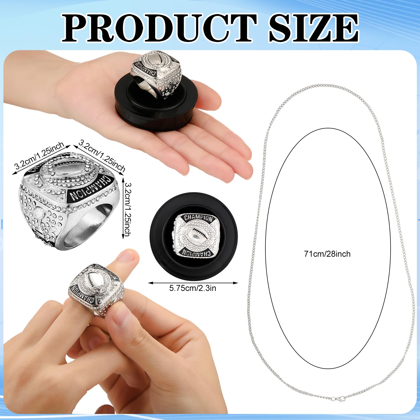 Landical 12 Pcs Silver Football Championship Rings Ball Games Championship Trophy Rings Sport Ball Award Gift with Display Neck Chain and Stand for Tournament or League Champion Winner