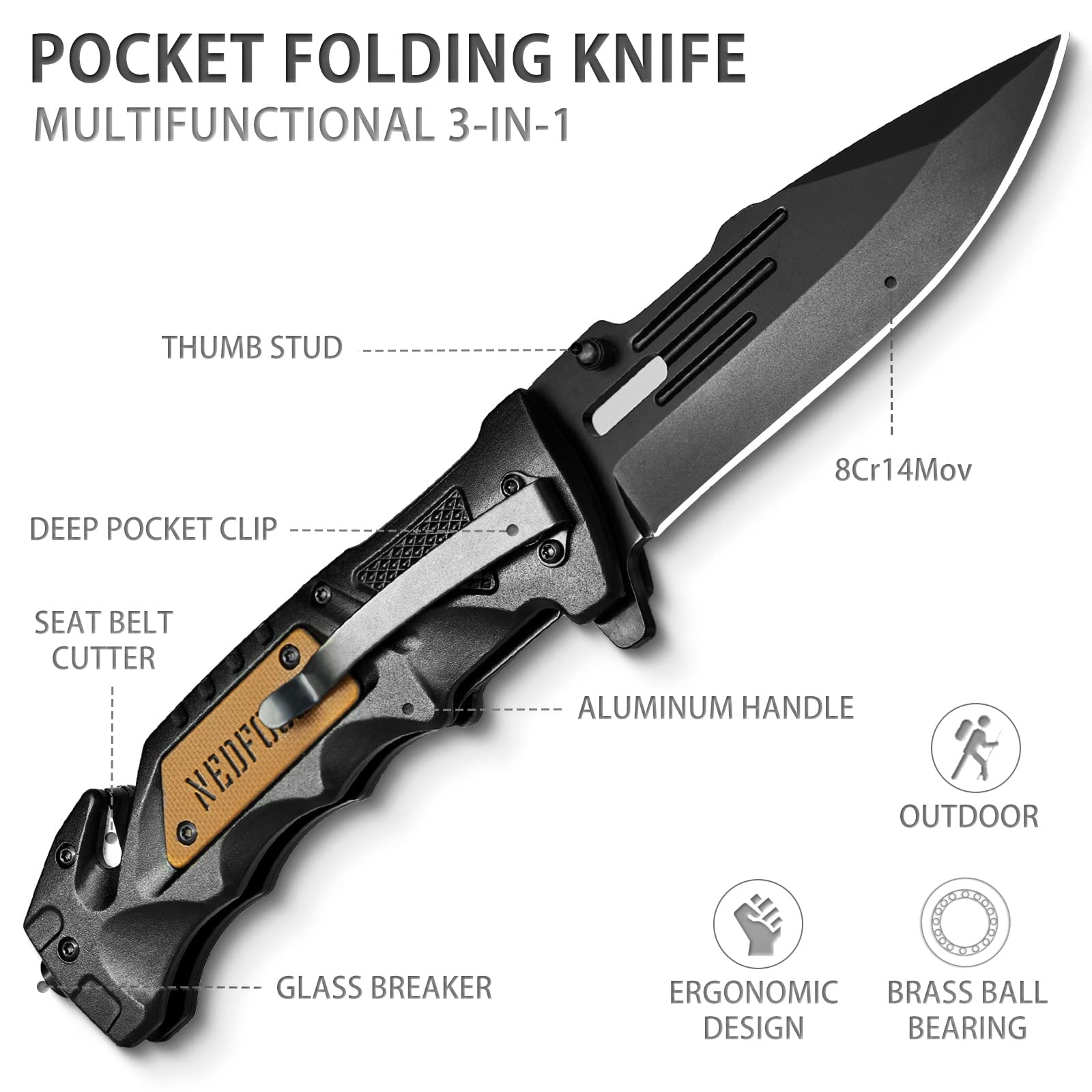 NedFoss Pocket Folding Knife DA75, 3 in 1 Pocket Knife for Men, Survival Knife with Liner-Lock Belt Clip, Seat Belt Cutter, Glass Breaker, Hunting knife for Camping Hiking