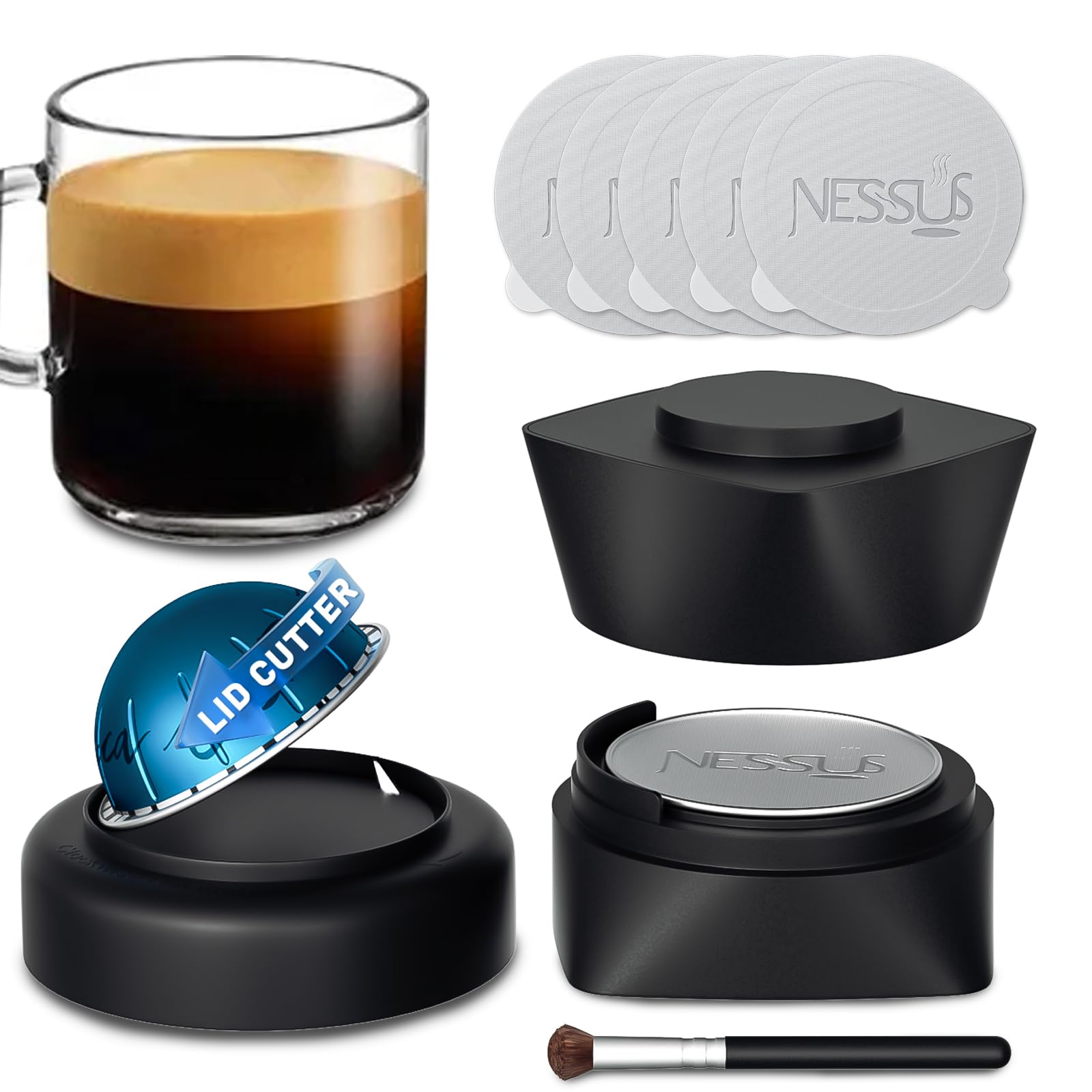 NESSUS Refill Kit for Reusable Nespresso Vertuo Pods, Lid Quick Opener for Original Seal, 50PCS Aluminum Foil Lids, Tamp & Press Refillable Vertuo Capsules Holder and Brush