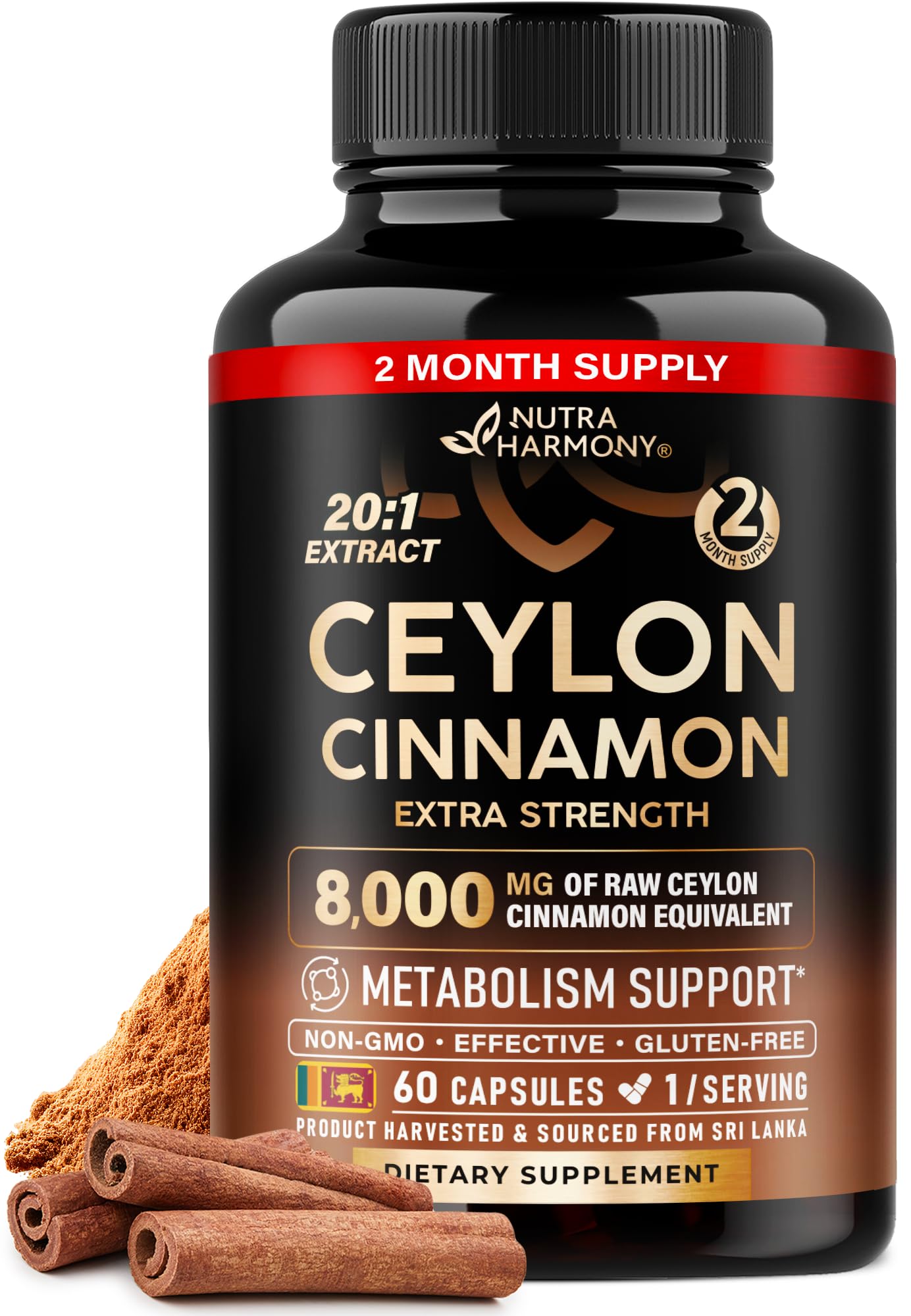 Ceylon Cinnamon Capsules - Extra Strength - Energy Heart & Metabolism Support for Men & Women - Pure Natural Cinnamon 20:1 Extract Supplement - GMO & Gluten Free - Made in USA - 60 Capsules 2 Month
