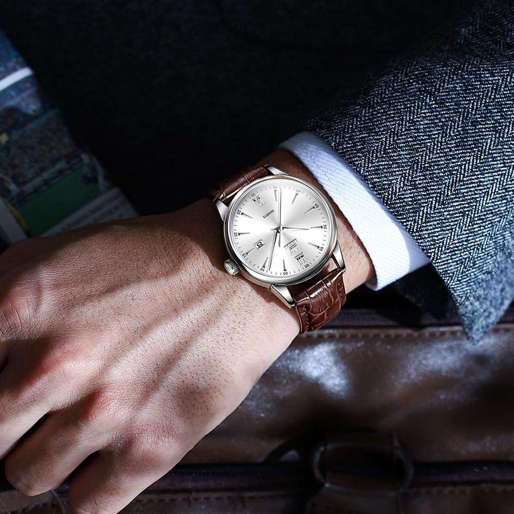 OLEVS Mens Watches Brown Leather Band Minimalist Men's Wrist Watches Silver Dress Watches for Men Waterproof Big Face Watch for Men Fashion Quartz with Date Man Watch relojes para Hombres