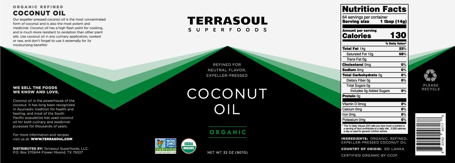 Terrasoul Superfoods Refined (No Coconut Flavor or Scent) Organic Coconut Oil, 2 Pounds (Glass Jar)