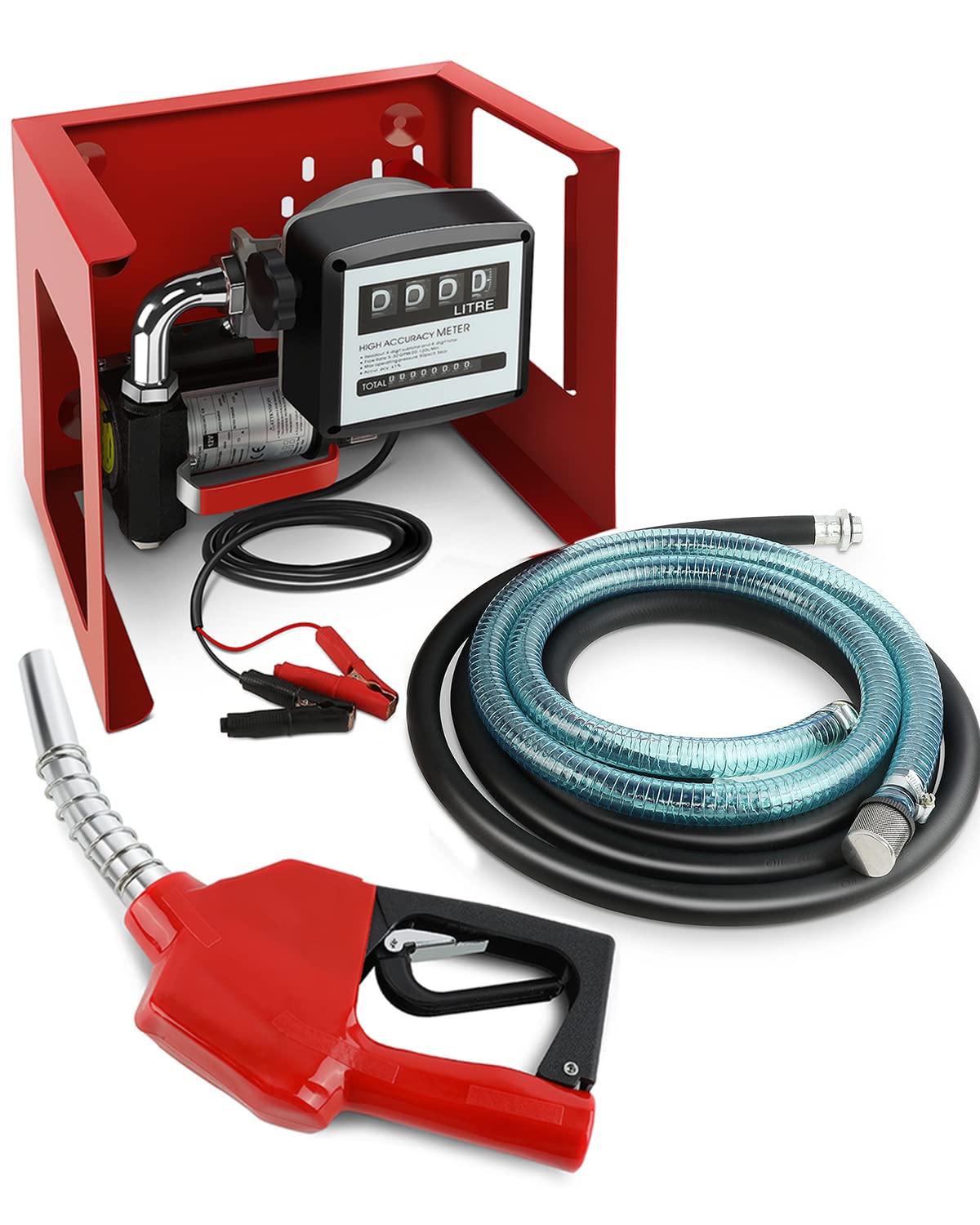 FAHKNS Electric Diesel Fuel Transfer Pump Automatic 12V DC 155W 45L/min W/Meter, With Fuel Dispensing and Suction Hose,Dispenser Nozzle,Fuel Flow Meter