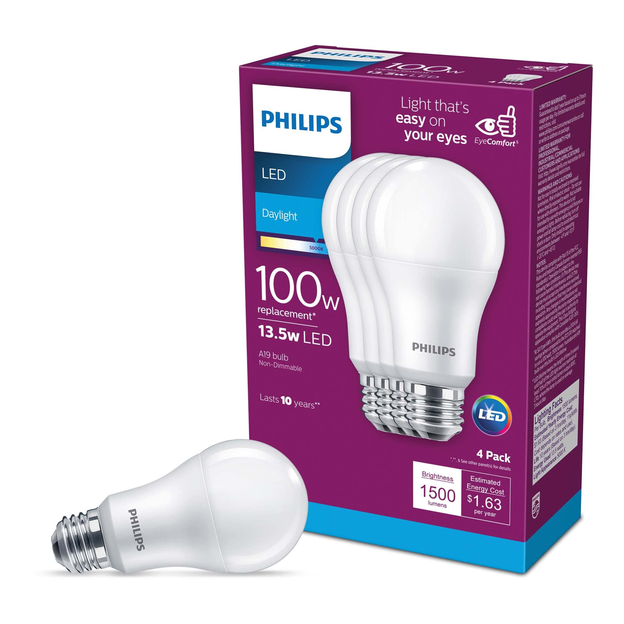 Philips LED Basic Frosted Non-Dimmable A19 Light Bulb - EyeComfort Technology - 1500 Lumen - Daylight (5000K) - 13.5W=100W - E26 Base - Old Version- Indoor - 4-Pack
