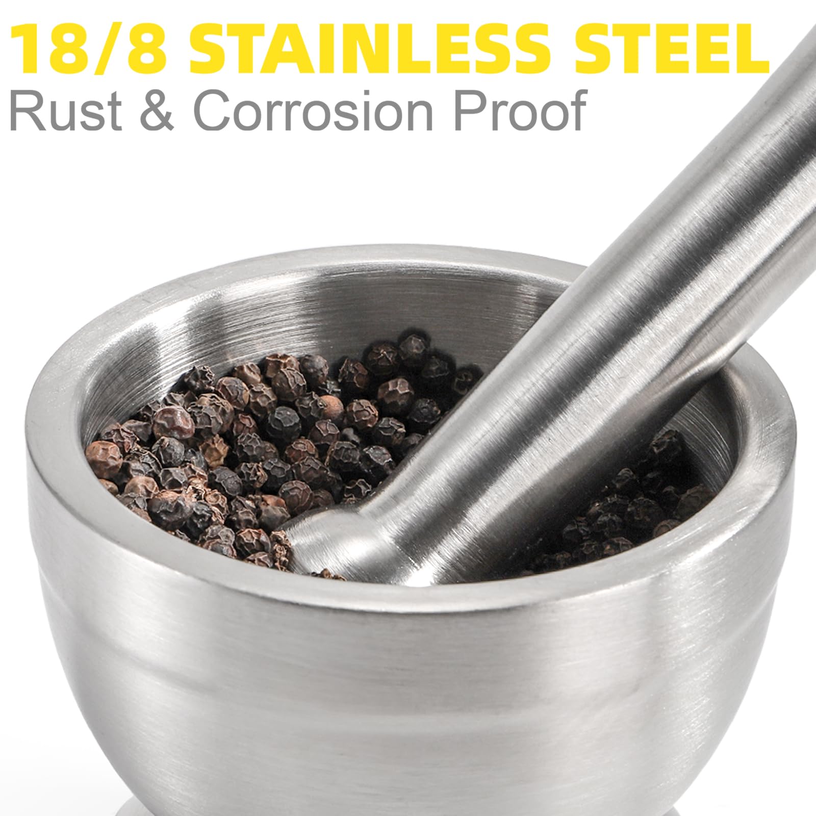 Bekith Mortar and Pestle Sets 18/8 Brushed Stainless Steel Spice Grinder Pill Crusher Molcajete Herb Bowl