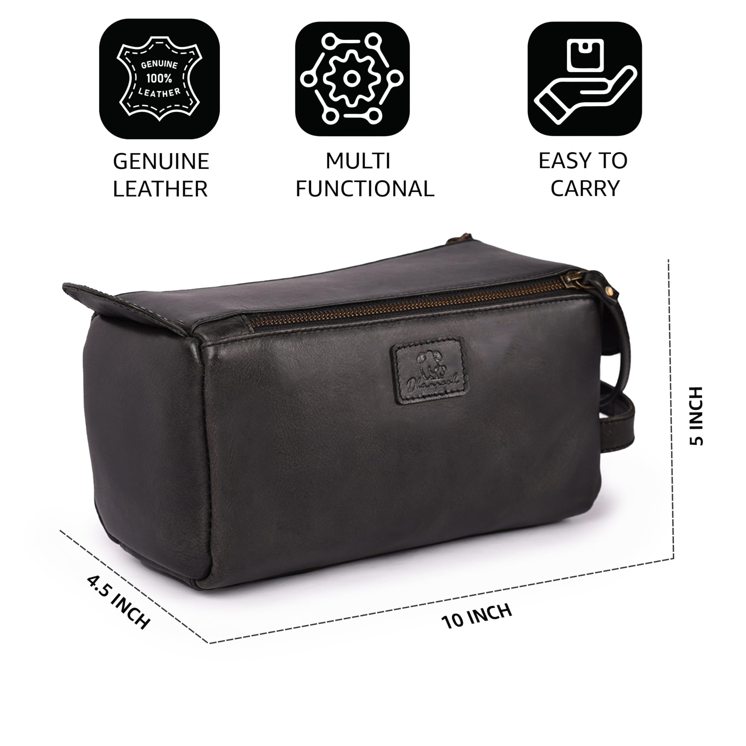 DHAMPOOH Genuine Leather Dopp Kit - 10x5x4.5 Inches Unisex Water-Resistance Cosmetic & Shaving Bag, Travel Organizer Toiletry Bag for Men & Women- Black