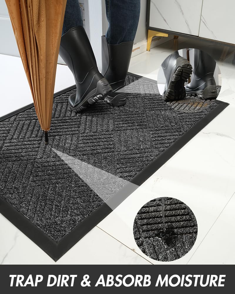 MontVoo-Front Door Mat Outdoor Indoor Entrance Doormat-Welcome Mat Outside Door Mats for Home Entrance Durable Absorbent Non Slip Dirt Trapper Heavy Duty-Gray 17"x30"