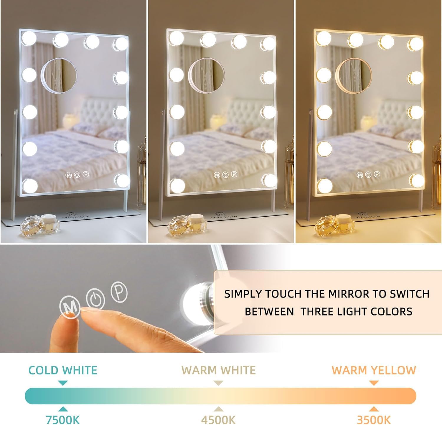 FENCHILIN Lighted Makeup Mirror Hollywood Mirror Vanity Makeup Mirror with Light Smart Touch Control 3Colors Dimmable Light Detachable 10X Magnification 360°Rotation(White)