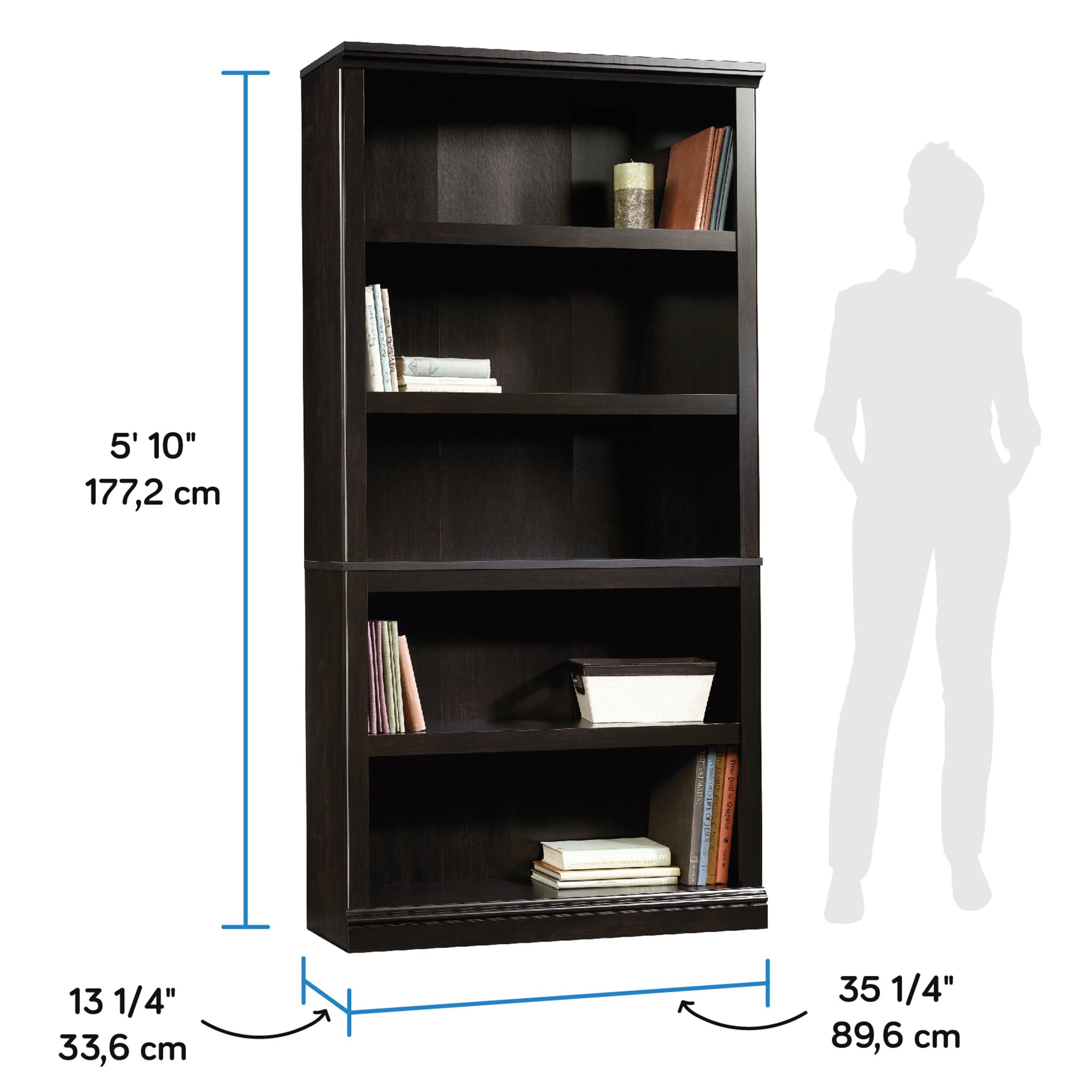 Sauder Miscellaneous Storage 5 Bookcase/Book Shelf, L: 35.28" x W: 13.23" x H: 69.76", Estate Black