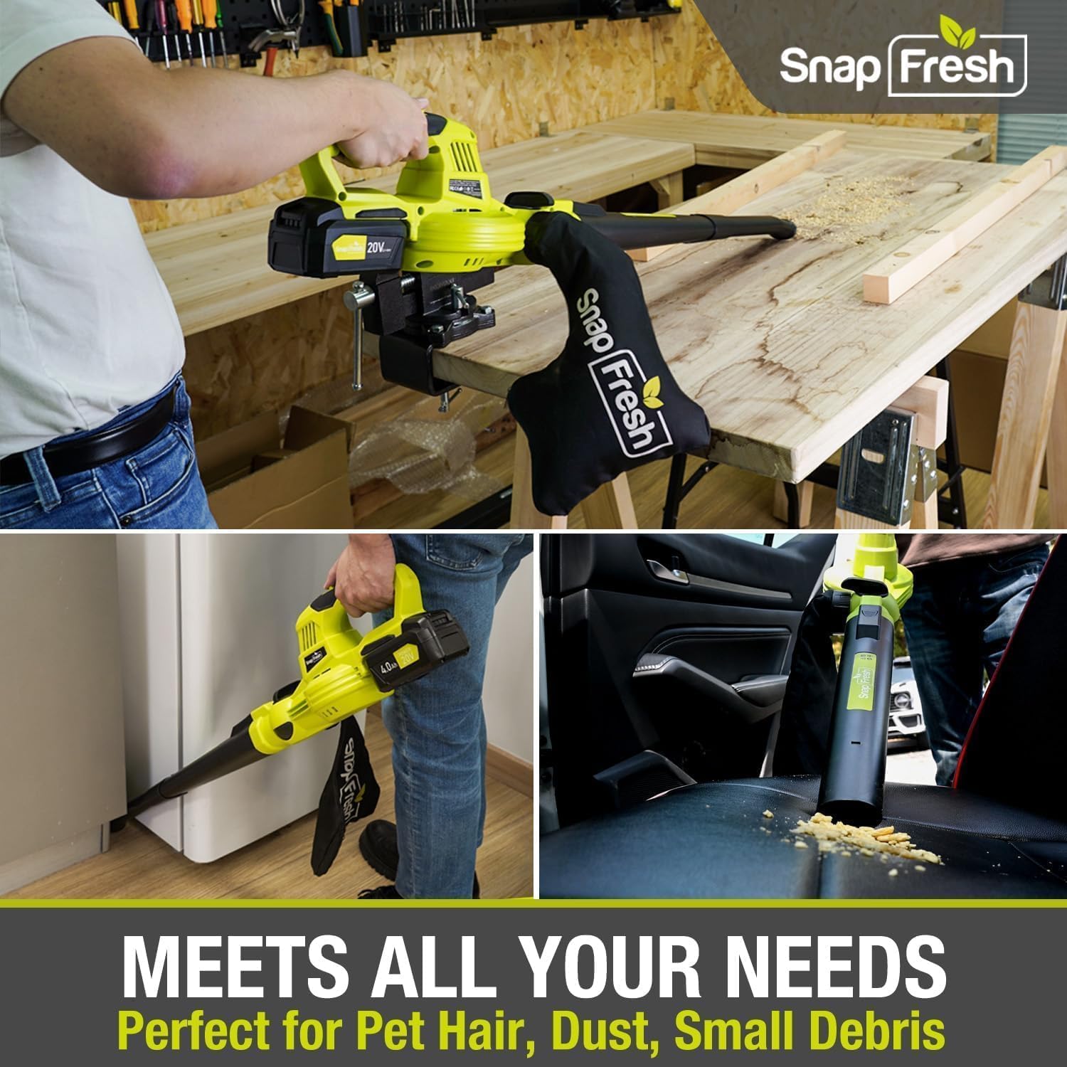 SnapFresh Cordless Blower & Vacuum - 2 in 1 Electric Blower with 4.0Ah Lithium Battery & 2h Fast Charger, 20V Handheld Vacuum Sweeper with Bag for Small Trash, Car, Dust, Pet Hair, Corner Cleaning