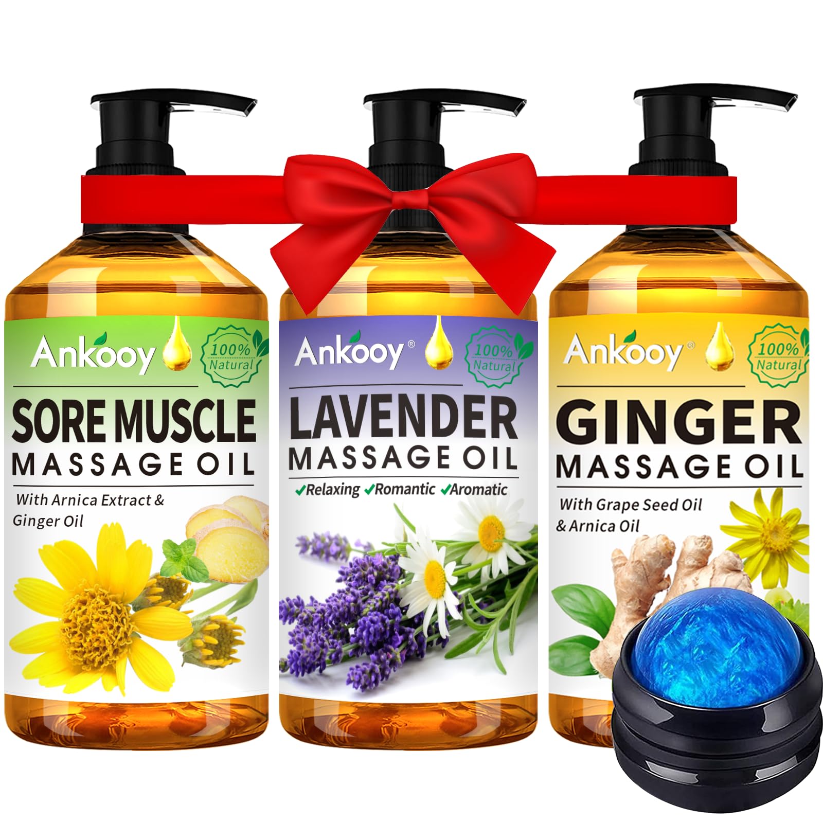 Christmas Gifts for Men,Women Stocking Stuffers-3 Pack Massage Oil for Massage Therapy,Sore Muscle Arnica Oil & Lavender Oil Massage Oil for Date Night & Ginger Oil Lymphatic Drainage & Massage Ball