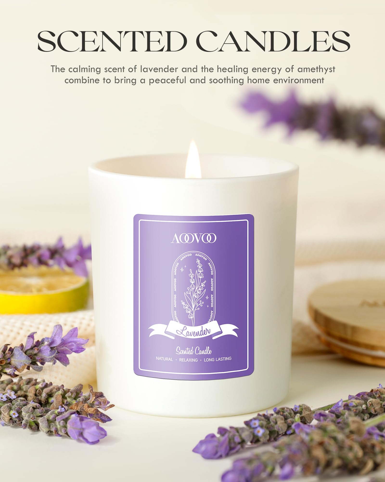 AOOVOO Lavender Scented Candles for Women - Aromatherapy Candle with Crystals Inside, 10oz Soy Candles for Home Scented, Christmas Birthday Gifts Candle for Women Mom