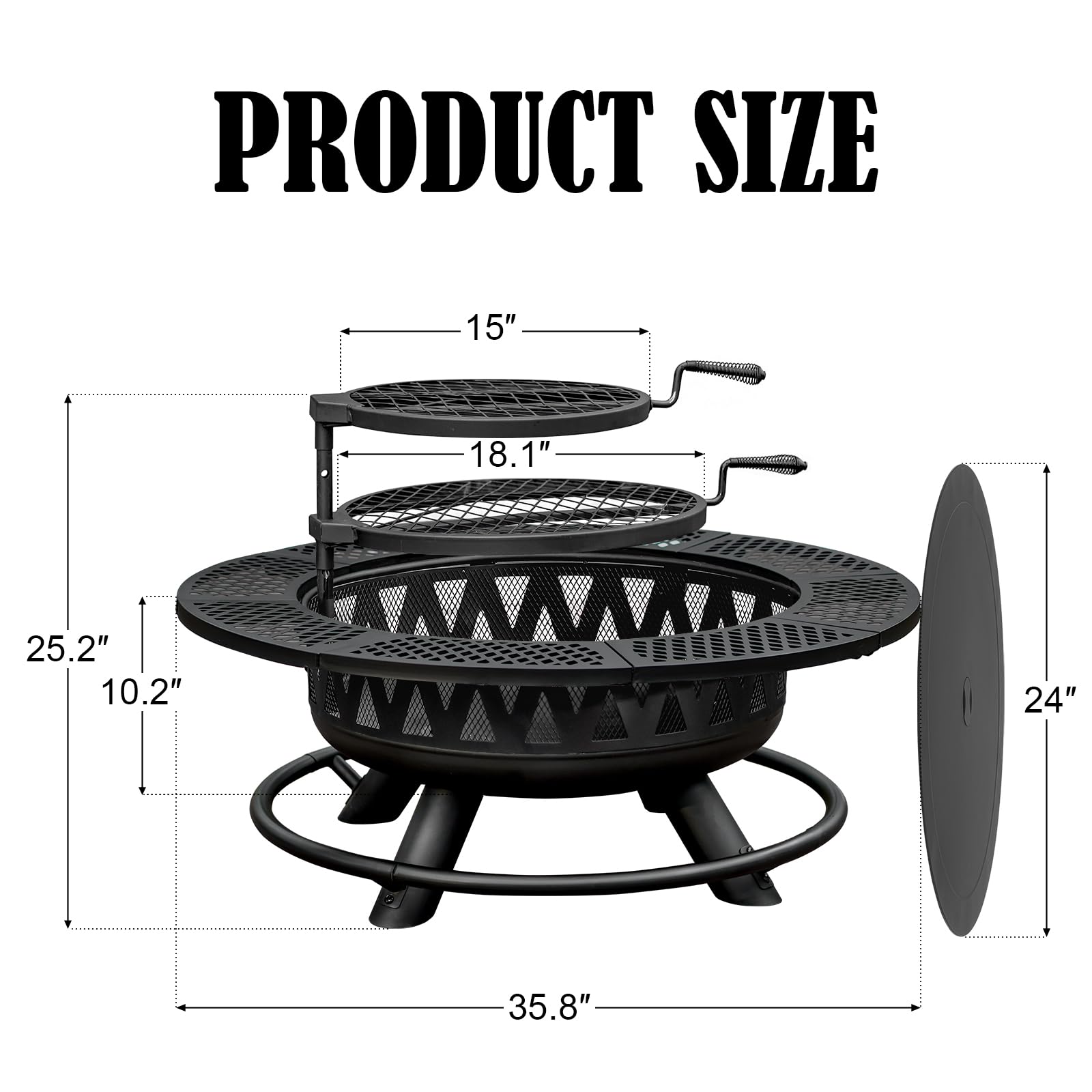 36 Inch Fire Pit with 2 Grills, Large Outdoor Firepits for Outside, Wood Burning Fireplace for Camping,Picnic,Bonfire, 3-in-1 Round Metal Table with Lid for Backyard,Patio,Party
