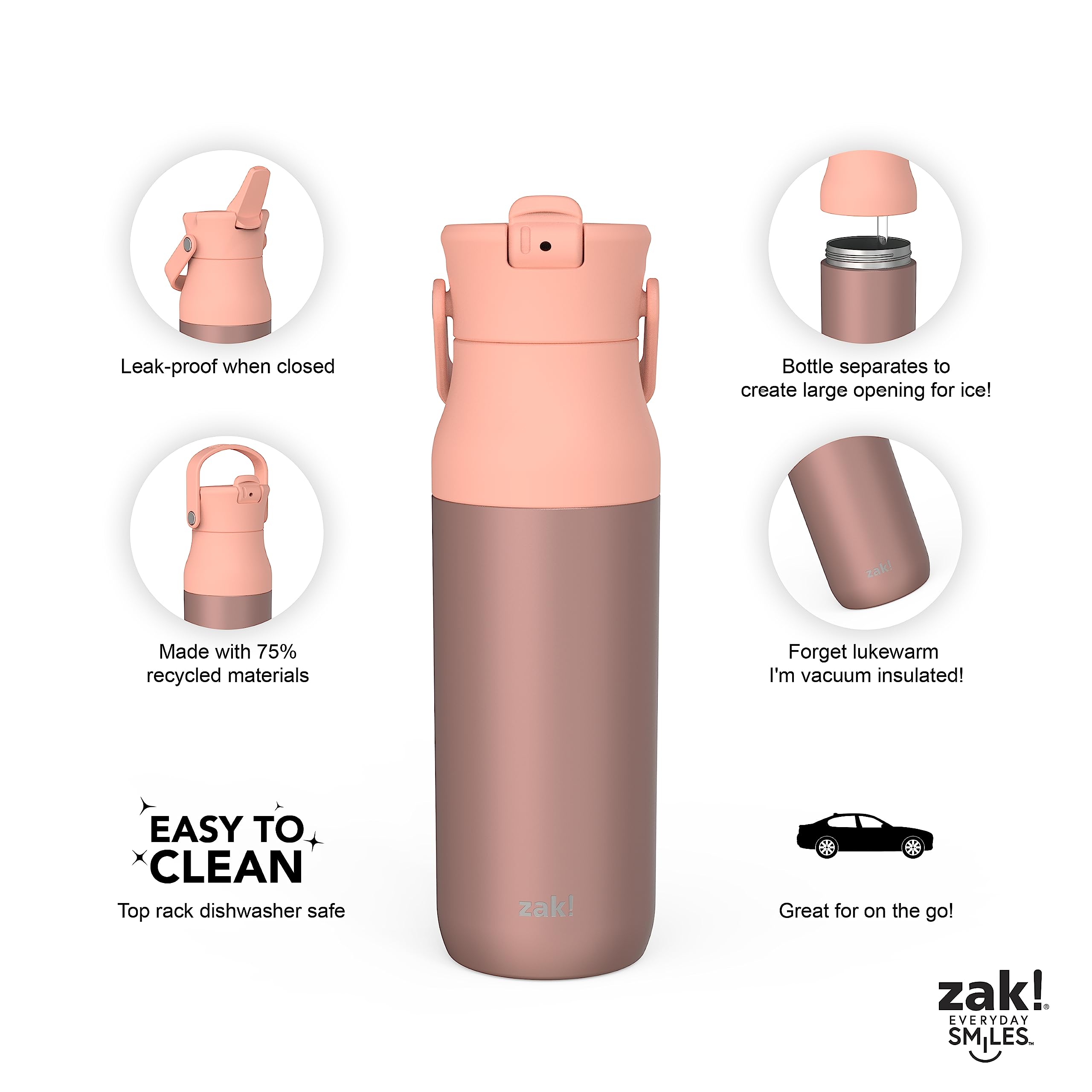 Zak Designs Harmony Water Bottle for Travel or At Home, 32oz Recycled Stainless Steel is Leak-Proof When Closed and Vacuum Insulated with Straw Lid and Carry Handle (Coral Pink)