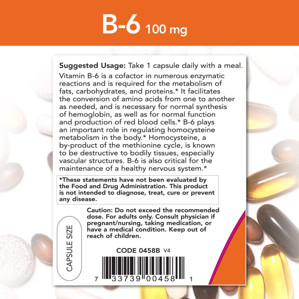 NOW Vitamin B-6 100mg,250 Capsules (Pack of 2)