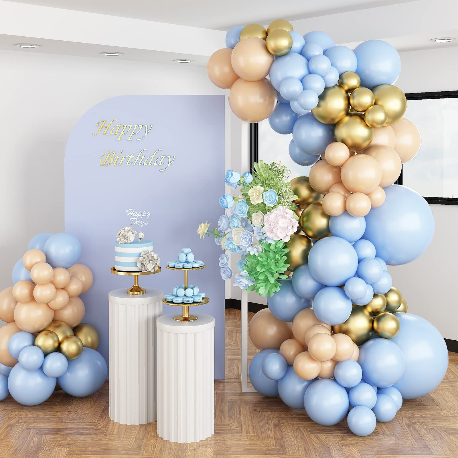 Blue and Nude Balloon Garland Kit, Baby Shower Arch Kit, Macaron Blue Retro Apricot Gold Latex Balloons for Boys Girls Birthday Wedding Gender Reveal Engagement Party Decorations