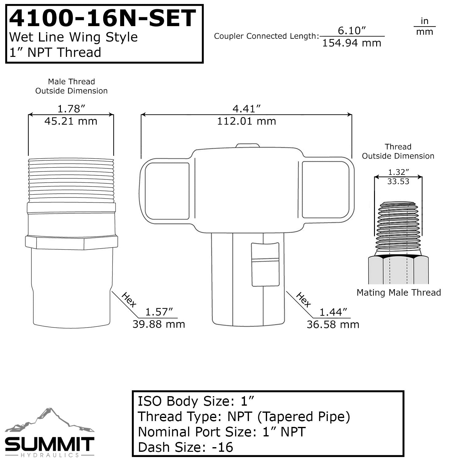 Summit Hydraulics 1" NPT Wet-Line Wing Nut Hydraulic Quick Disconnect Coupler/Coupling Set