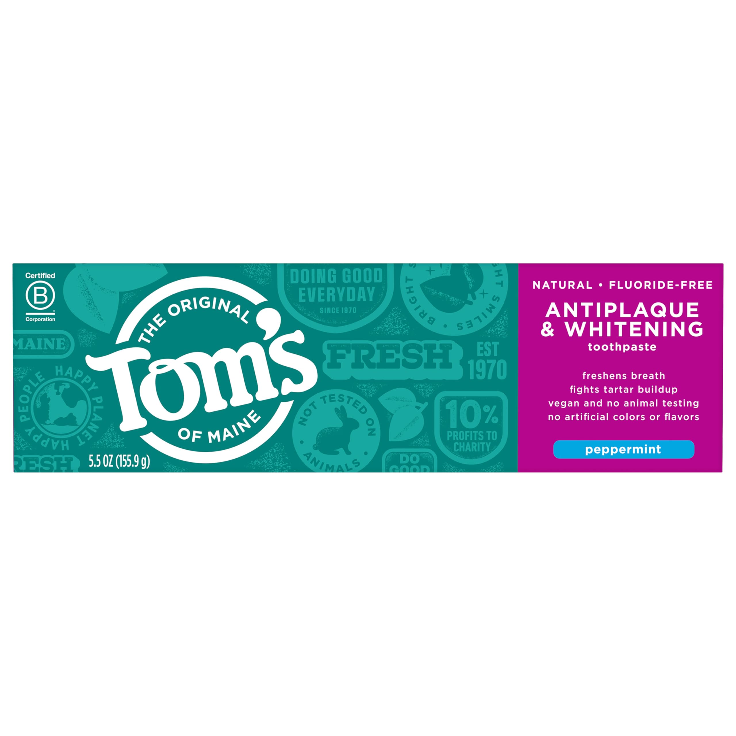 Tom's of Maine Fluoride-Free Antiplaque & Whitening Natural Toothpaste, Peppermint, 5.5 oz. (Pack of 2)