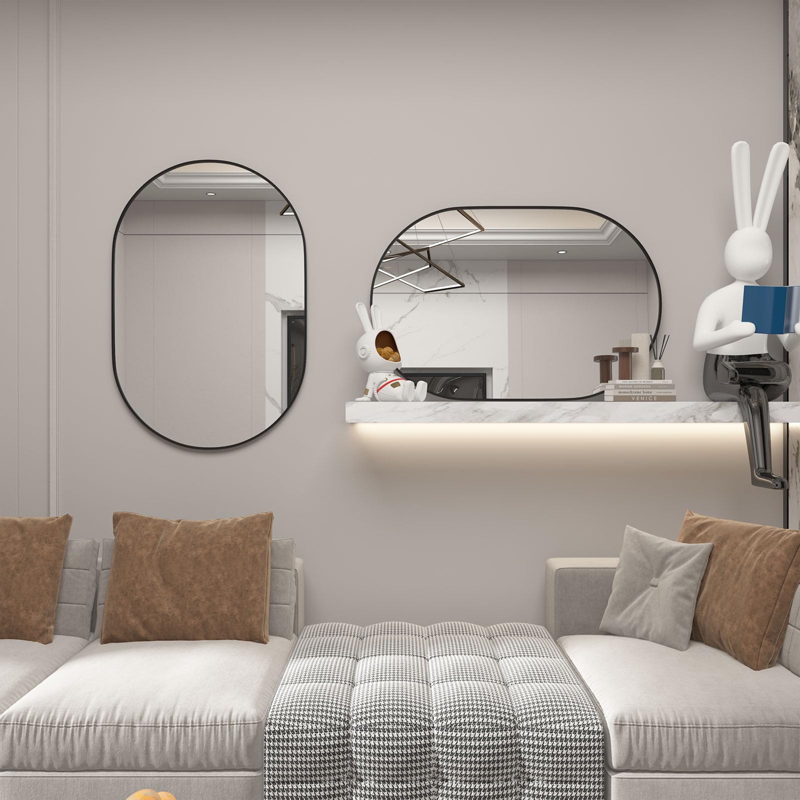 CASSILANDO 2 Pieces Oval Mirror, 20"×30" Oval Bathroom Mirror, Metal Frame Mirror, Hang Horizontally or Vertically Unique Wall Mounted Mirror, Black Vanity Mirror for Living Room, Bathroom