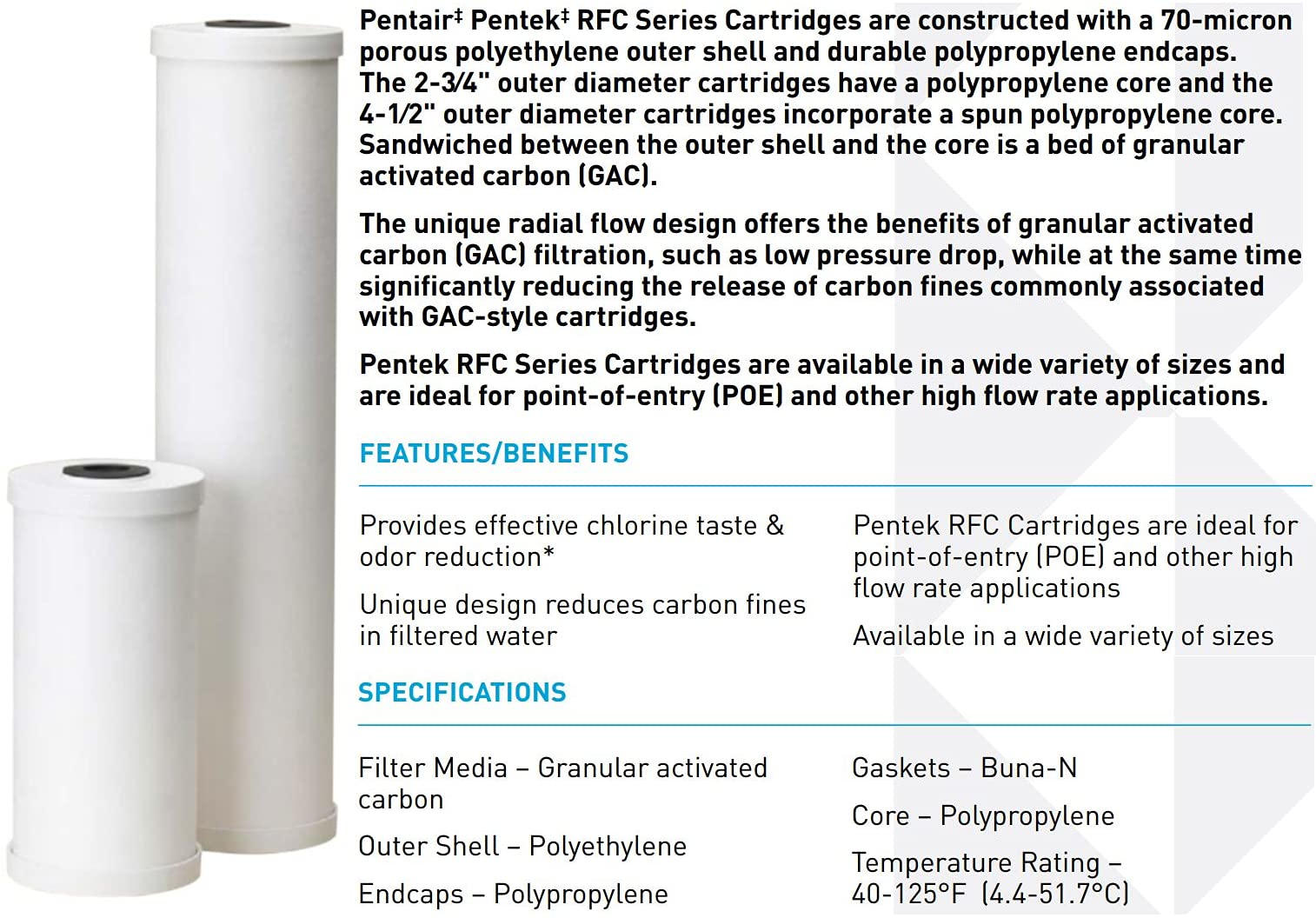 Pentair Pentek RFC-BB Big Blue Carbon Water Filter, 10-Inch, Whole House Heavy Duty Radial Flow Carbon Replacement Cartridge with Granular Activated Carbon (GAC) Filter, 10" x 4.5", 25 Micron