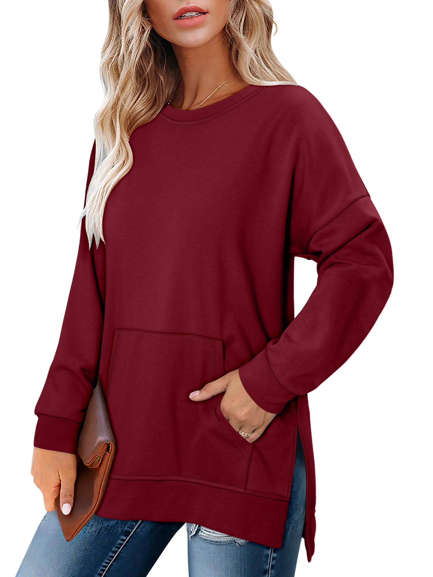 BETTE BOUTIK pocket Sweatshirt Womens Tops and Blouses Long Tops with Side Slits for Women Long Sleeve Sweatshirts WineRed Medium