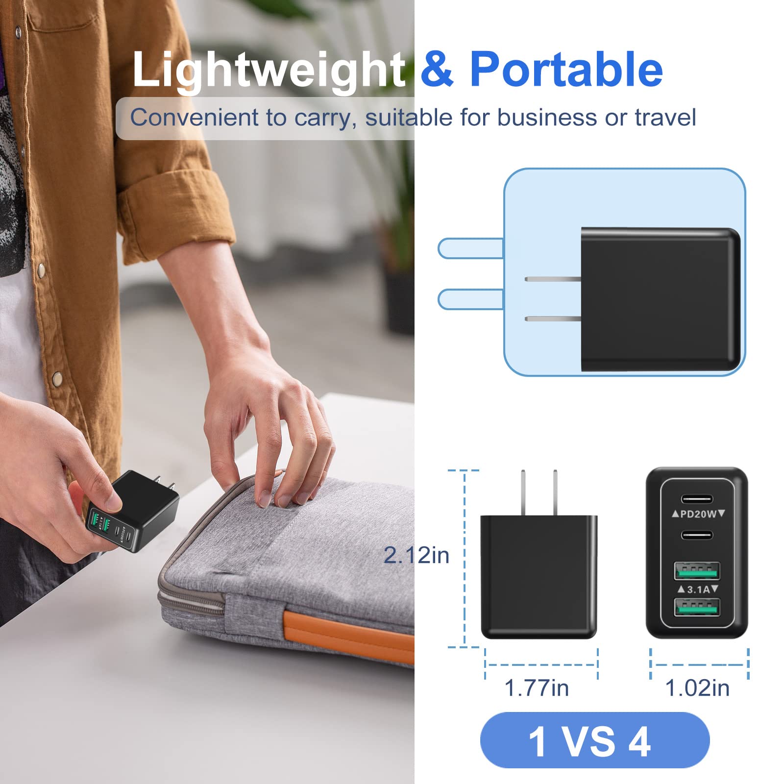 USB C Wall Charger Multiport, Costyle 40W 4-Port Fast Charging Block Dual PD & QC Wall Plug Double Type C Charging Brick Box for iPhone 15 14 13 12 11 Pro Max XR, Samsung Phone,Tablet-Black