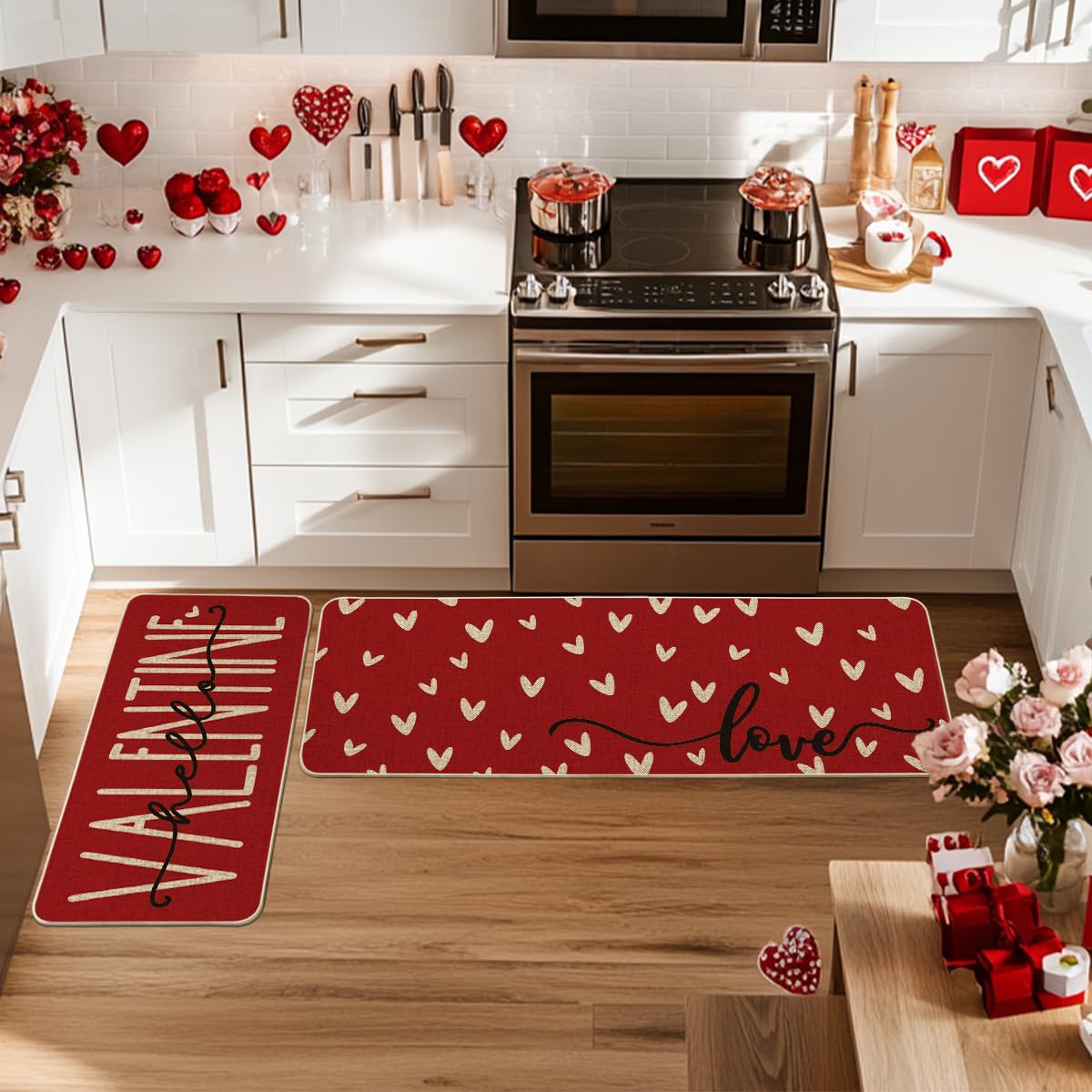 Artoid Mode Red Love Heart Hello Valentine's Day Kitchen Mats Set of 2, Home Decor Low-Profile Kitchen Rugs for Floor - 17x29 and 17x47 Inch