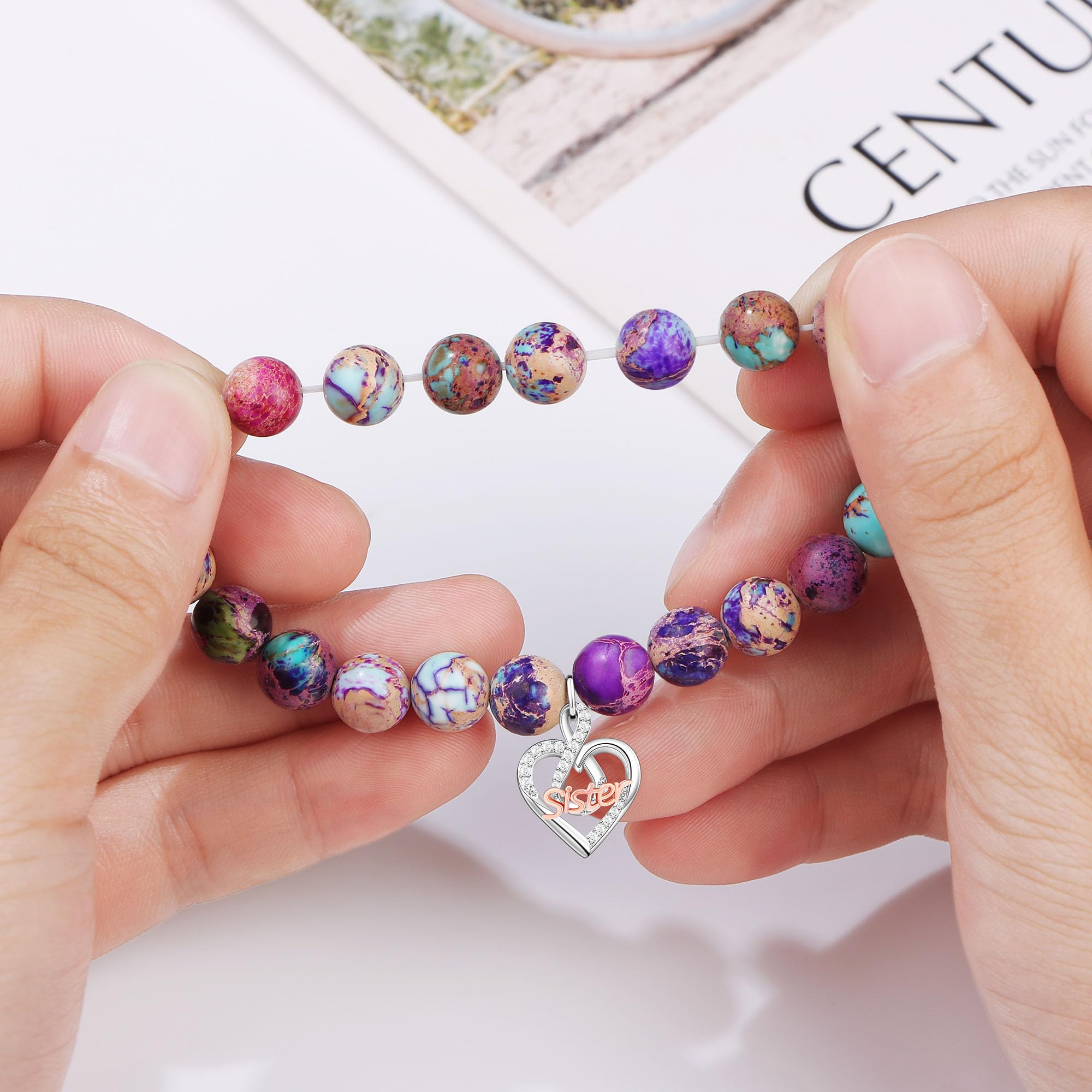 JoycuFF Christmas Birthday Gifts for Sister Bracelet, To My Sisters Gift Gifts from Brother, Christmas Mothers Day Unique Gifts for Sister Colorful Imperial Jasper Natural Stone Bracelets for Women
