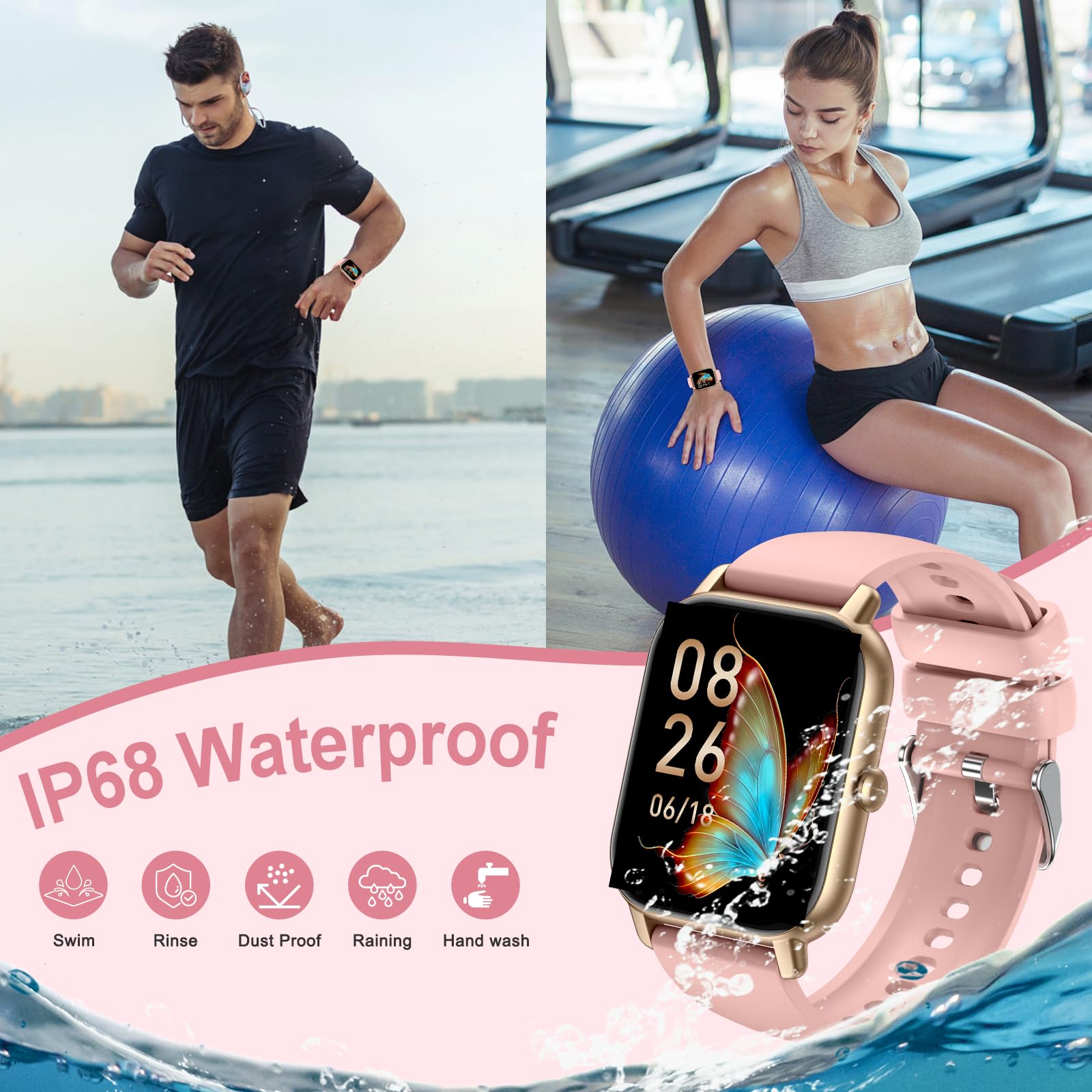 Smart Watch (Answer/Make Calls), 1.85" Smart Watches for Men Women 110+ Sport Modes Fitness Tracker with Sleep Heart Rate Monitor, Pedometer, IP68 Waterproof Fitness Watch for iOS Android, New Pink