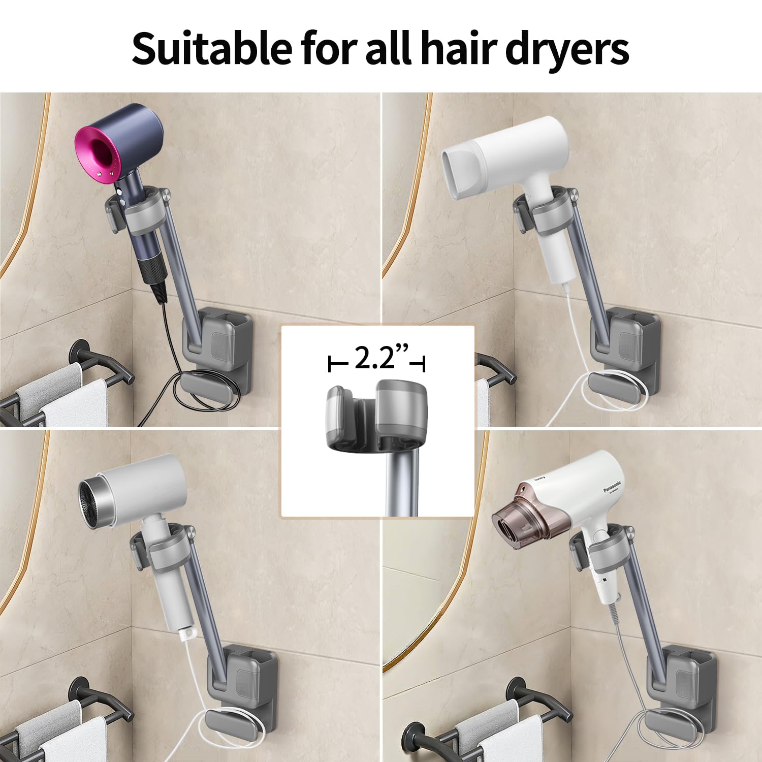 Hands Free Hair Dryer Holder Wall Mount, Adjustable Bathroom Blower Dryer Holder Wall Mounted Hook Rack, Vanity Cabinet Door Hanger Storage, Suitable for Most Walls, Hair Dryers, with Cord Organizer