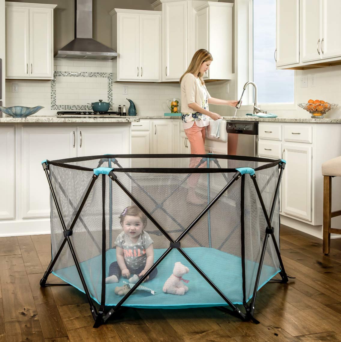 Regalo My Play Deluxe Portable Play Yard Indoor and Outdoor,Includes a Full Canopy, Aqua, 6-Panel